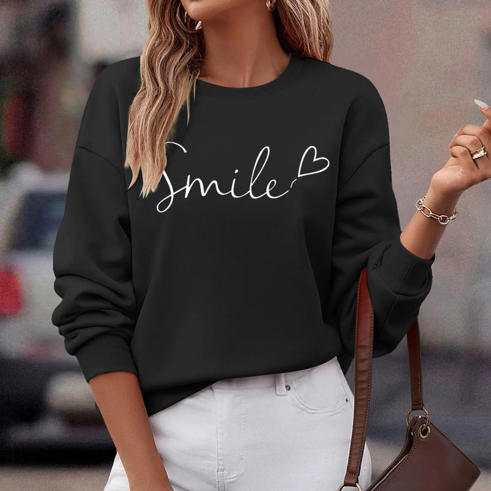 Gefomuofe Felpa da donna Smile Lettera Stampa, Nero, S - immagine 3