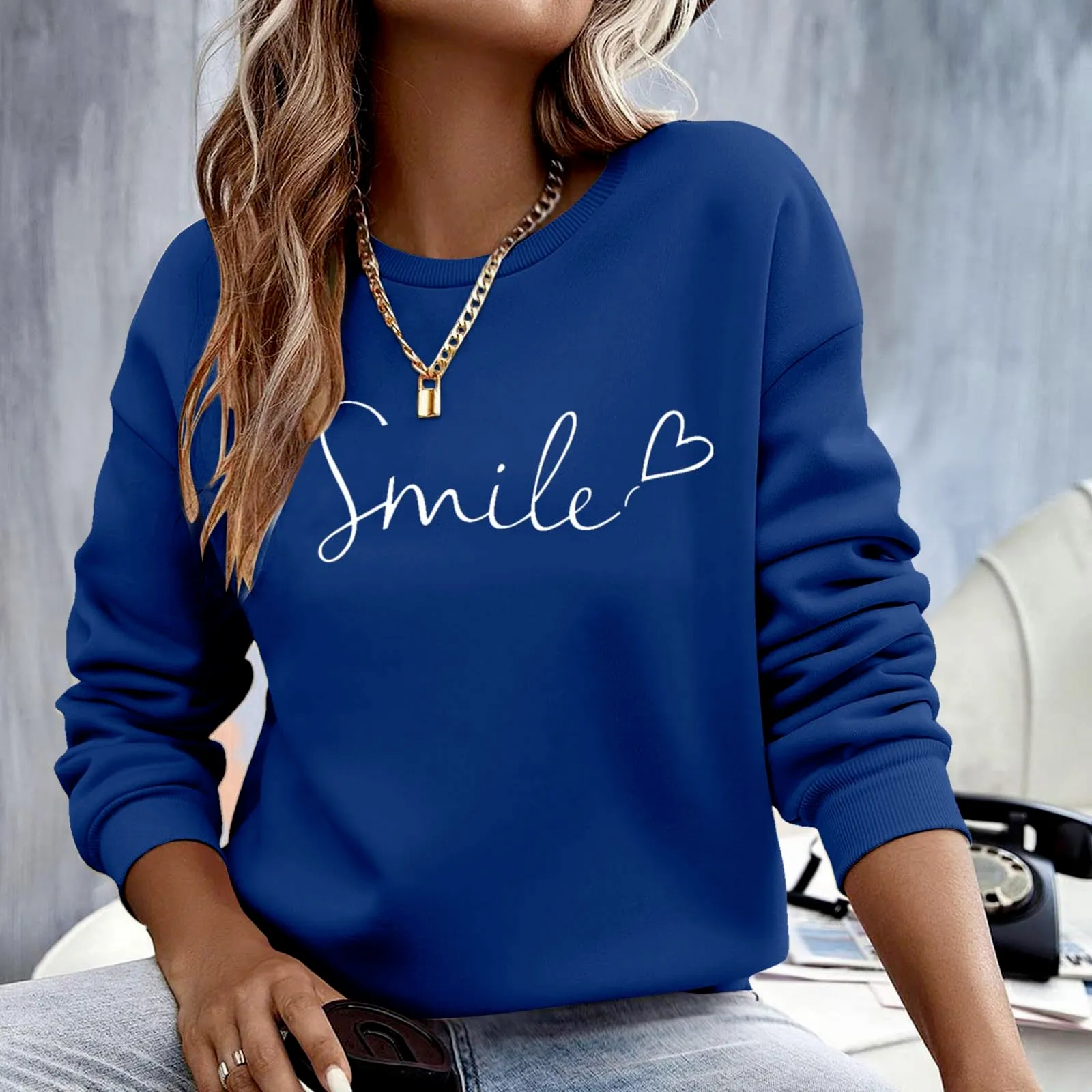 Gefomuofe Felpa da donna Smile Lettera Stampa, Blu marino, XXL - immagine 7