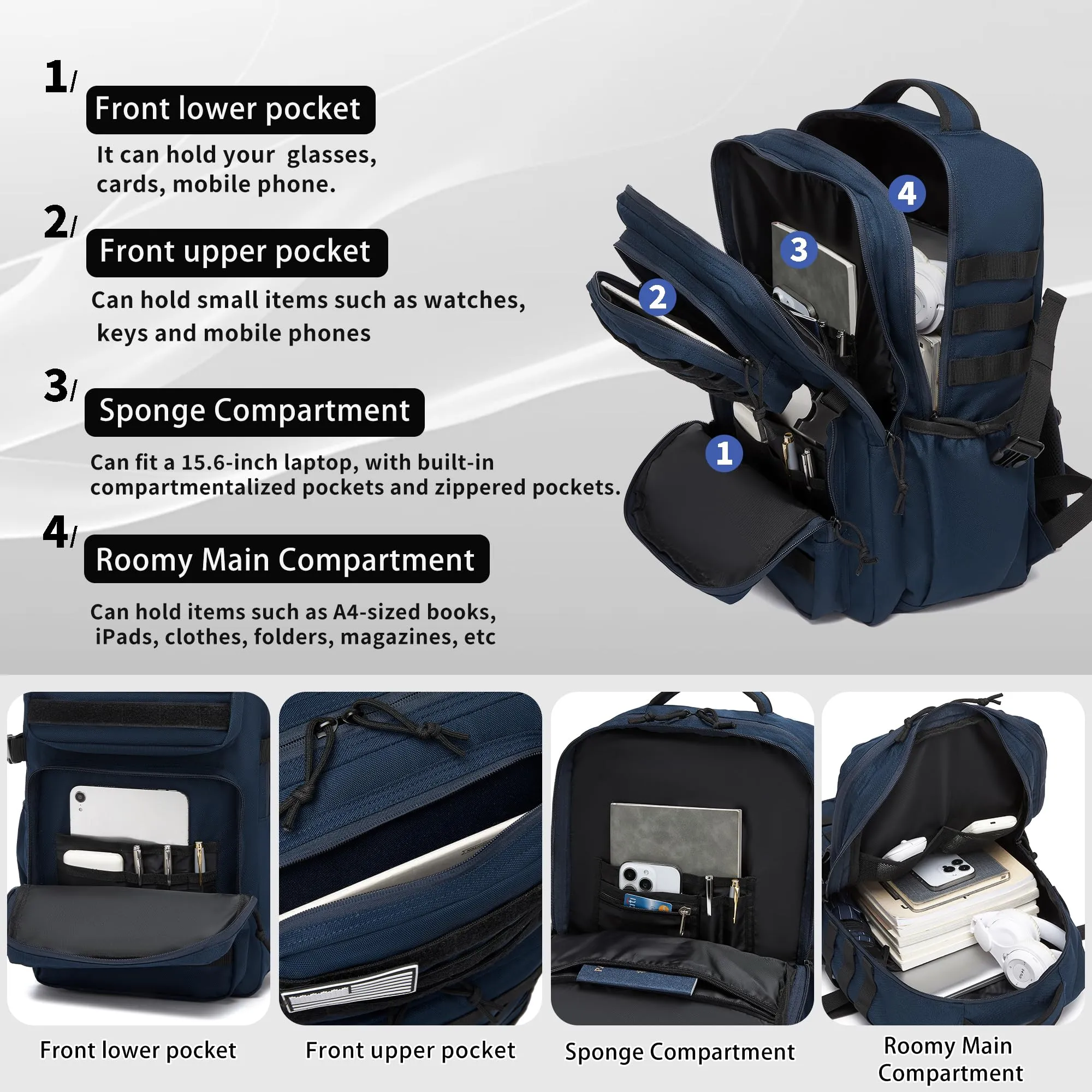 Wotony Zaino Tattico Militare Impermeabile con Sistema Molle, Blu, 35L - immagine 3
