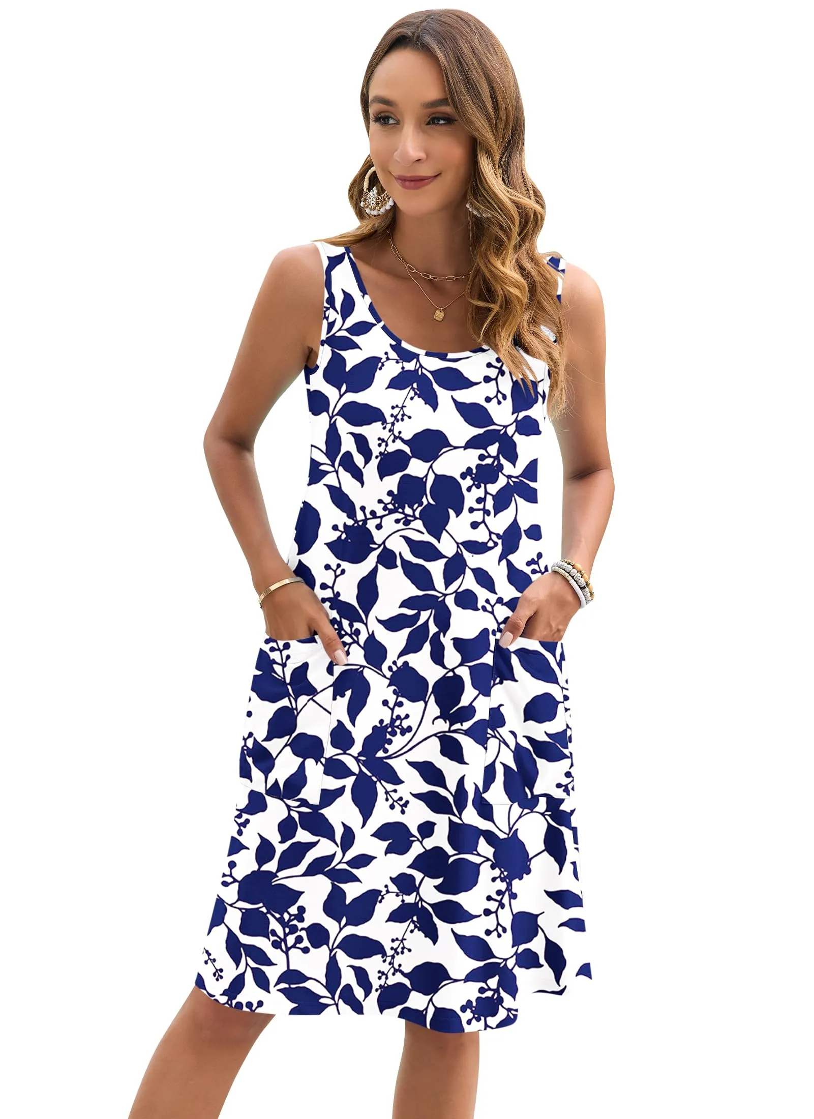 AUSELILY Abito estivo da donna senza maniche lunghezza al ginocchio, Floreale, Foglie Blu Navy, S - immagine 4