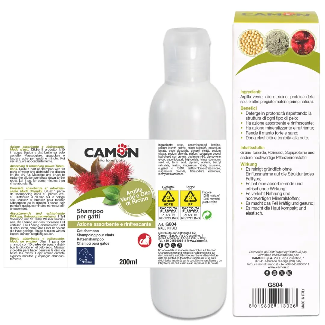 Camon Shampoo per Gatti, Argilla Verde e Olio di Ricino, 200ml - immagine 2