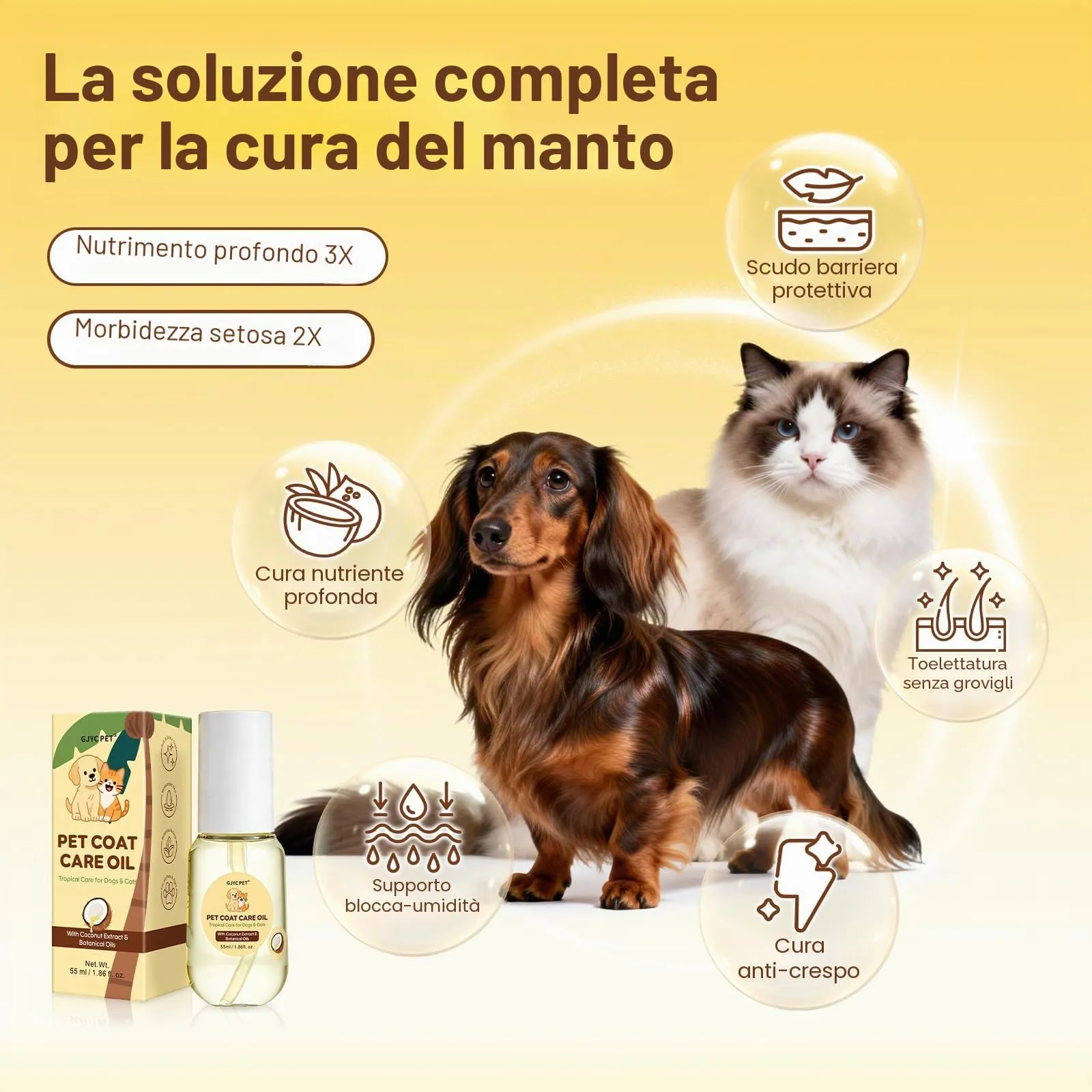 GJYC PET Olio Cura del Pelo per Cani e Gatti al Cocco e Jojoba, Siero Nutriente Anti-Nodi e Protezione Calore, 55 ml - immagine 2