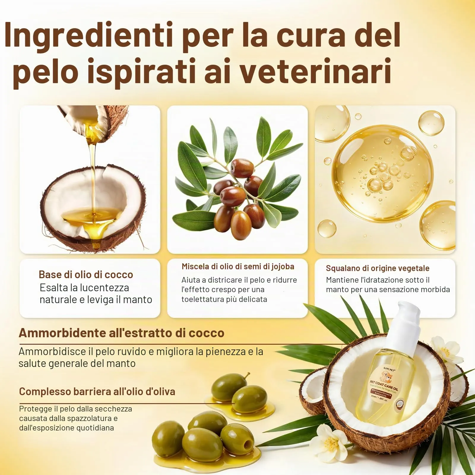 GJYC PET Olio Cura del Pelo per Cani e Gatti al Cocco e Jojoba, Siero Nutriente Anti-Nodi e Protezione Calore, 55 ml - immagine 4