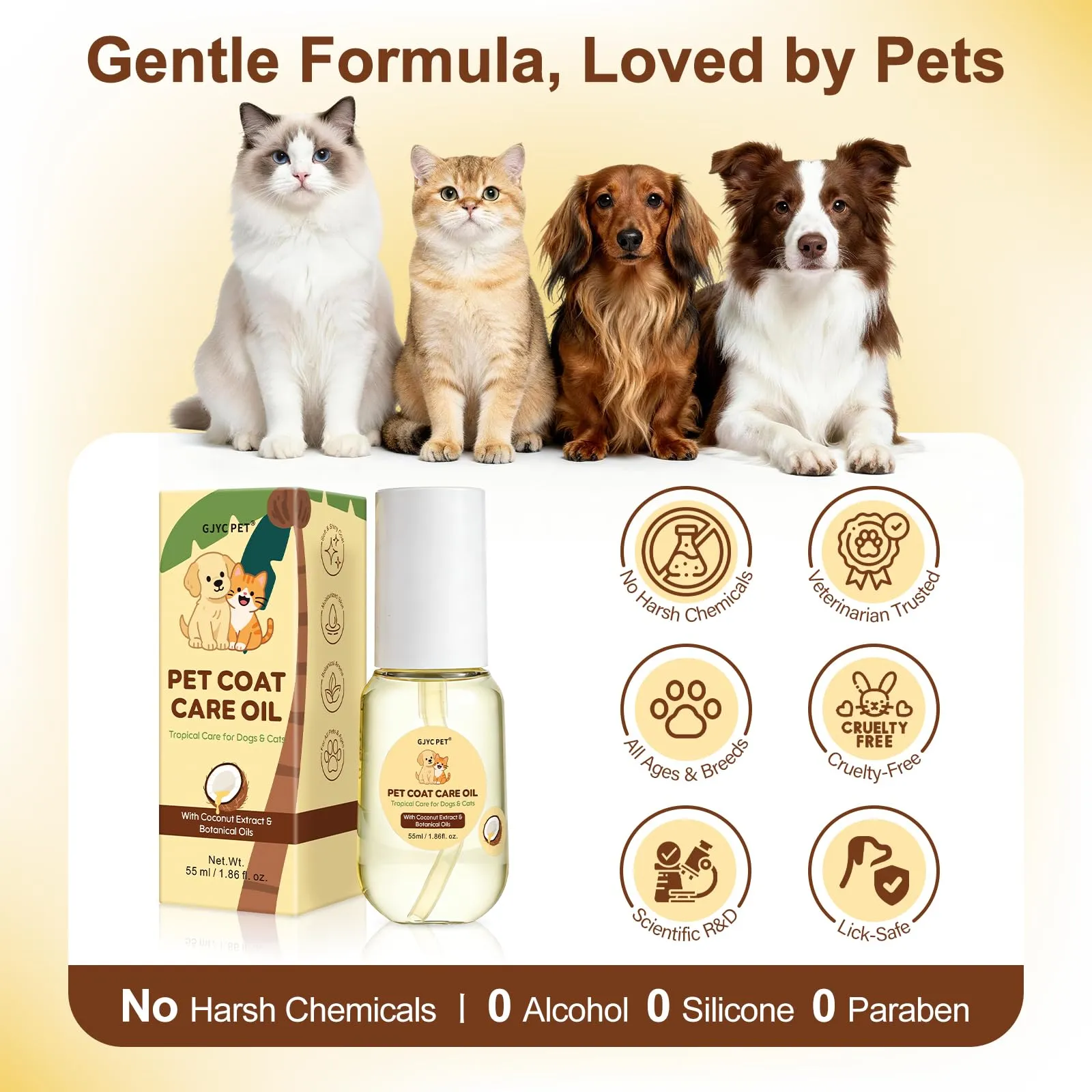 GJYC PET Olio Cura del Pelo per Cani e Gatti al Cocco e Jojoba, Siero Nutriente Anti-Nodi e Protezione Calore, 55 ml - immagine 7