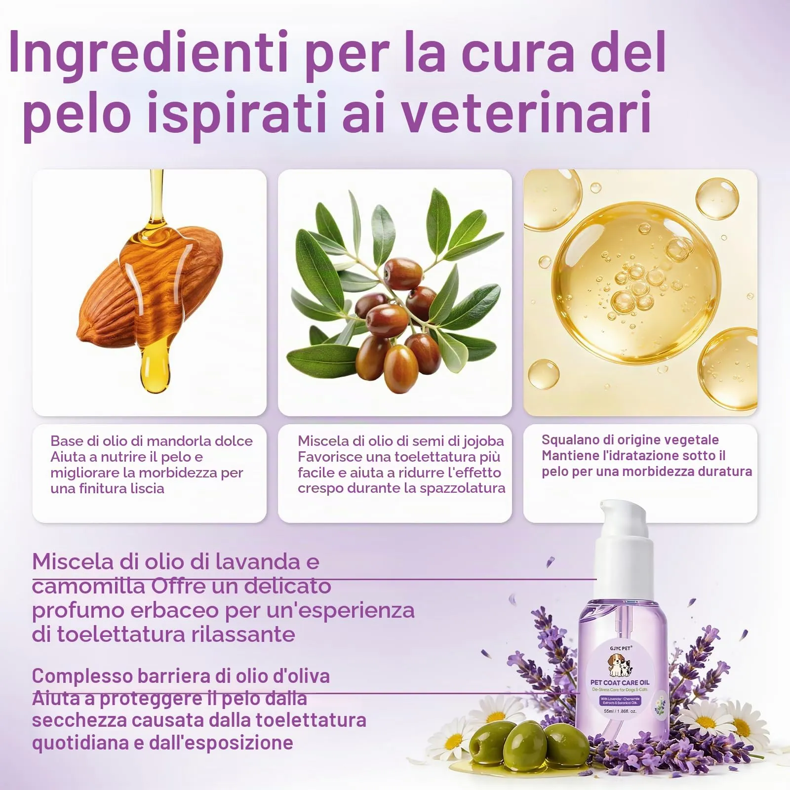 GJYC PET Olio Cura del Pelo - Balsamo Leave-in per Cani e Gatti, Lavanda & Camomilla, 55 ml - immagine 4
