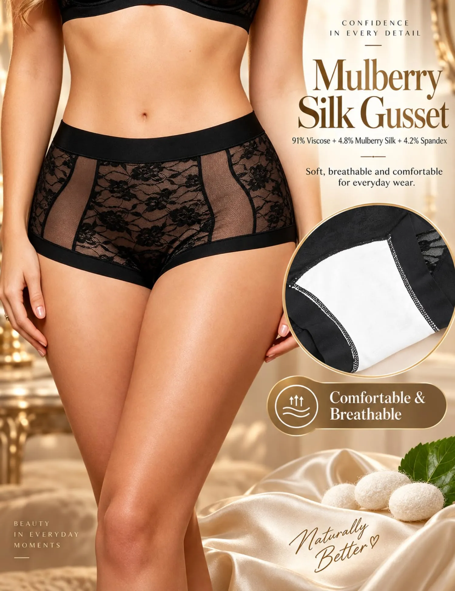 ohmydear Boxer da donna a vita alta in pizzo, Nero, L - immagine 2