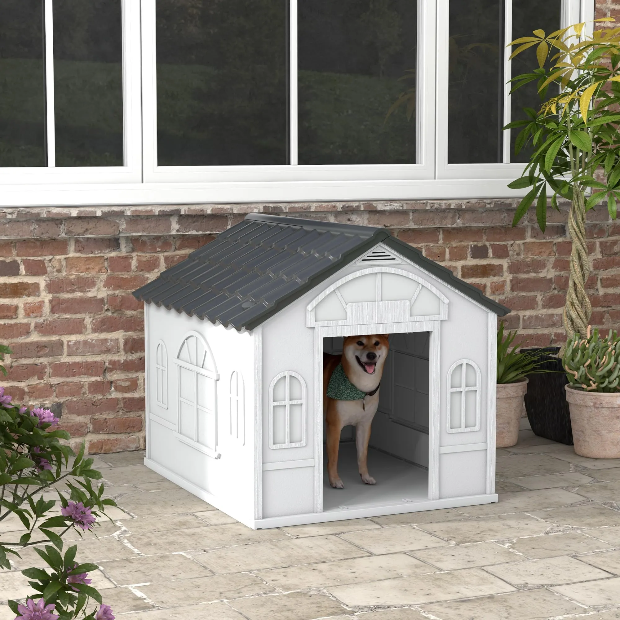 PawHut Casetta per Cani Impermeabile Media Grande, 84.2x98.2x82 cm, Grigio - immagine 2