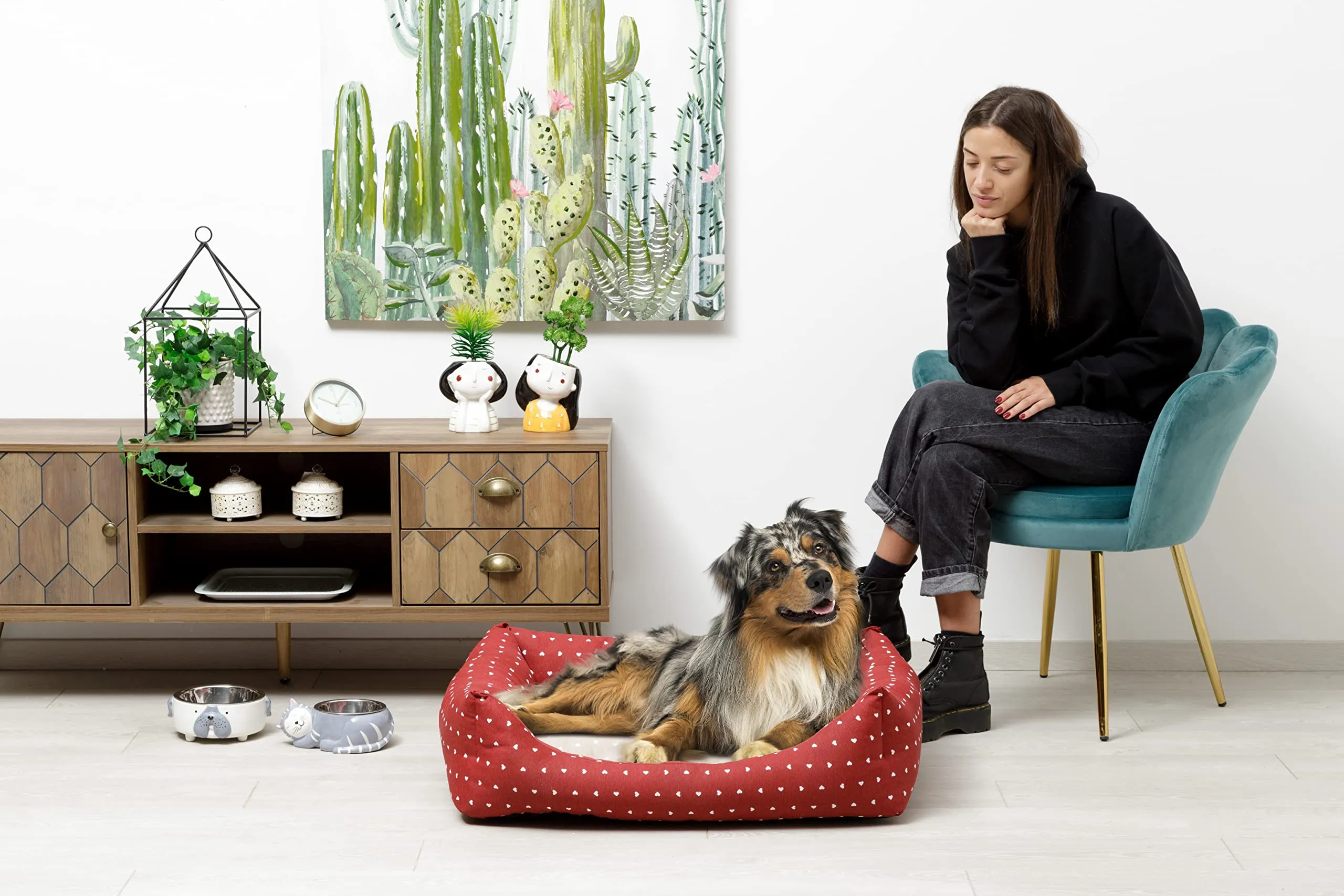 Baroni Home Cuccia per Cane in tessuto Rosso e Beige con Cuori Taglia L 70x85 cm - immagine 4