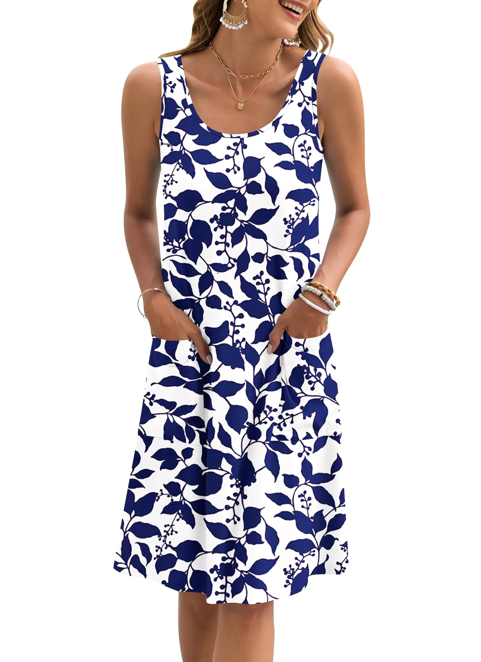 AUSELILY Abito Estivo da Donna Floreale Senza Maniche Lunghezza al Ginocchio - Foglie Blu Navy - XXL - immagine 2