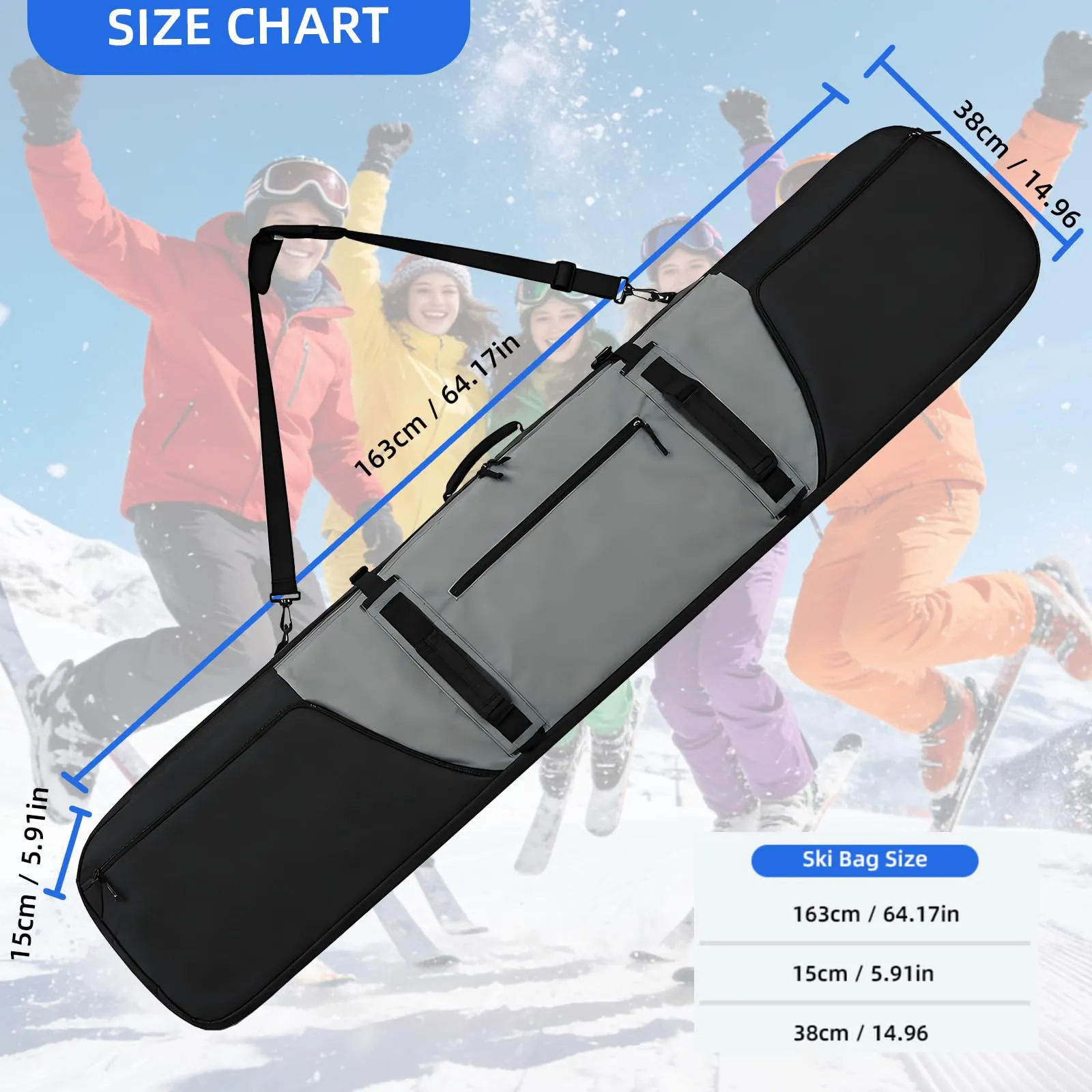 AUMTISC Borsa da Snowboard e Sci Imbottita (2921-Grey, 165 cm) - immagine 3