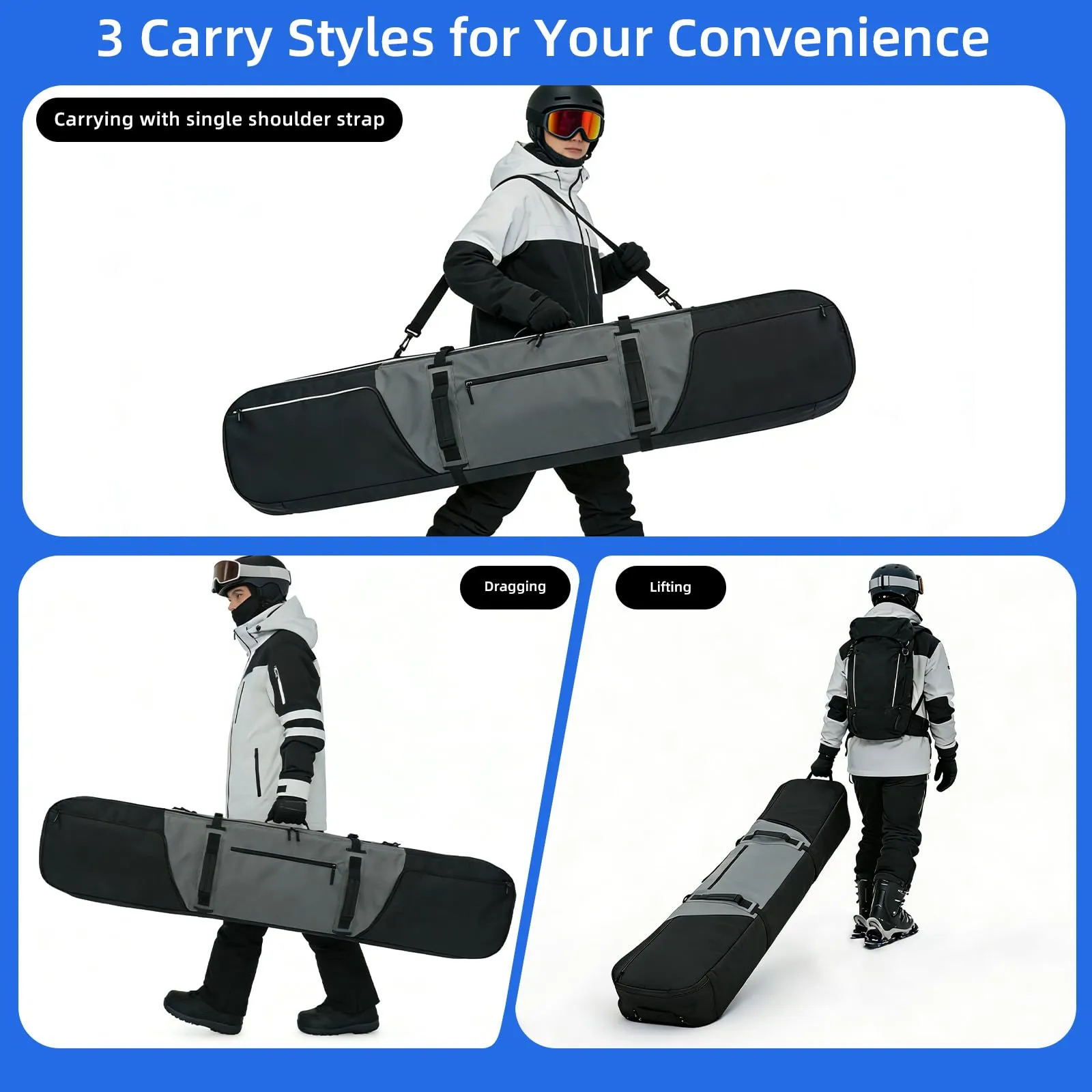 AUMTISC Borsa da Snowboard e Sci Imbottita (2921-Grey, 165 cm) - immagine 7