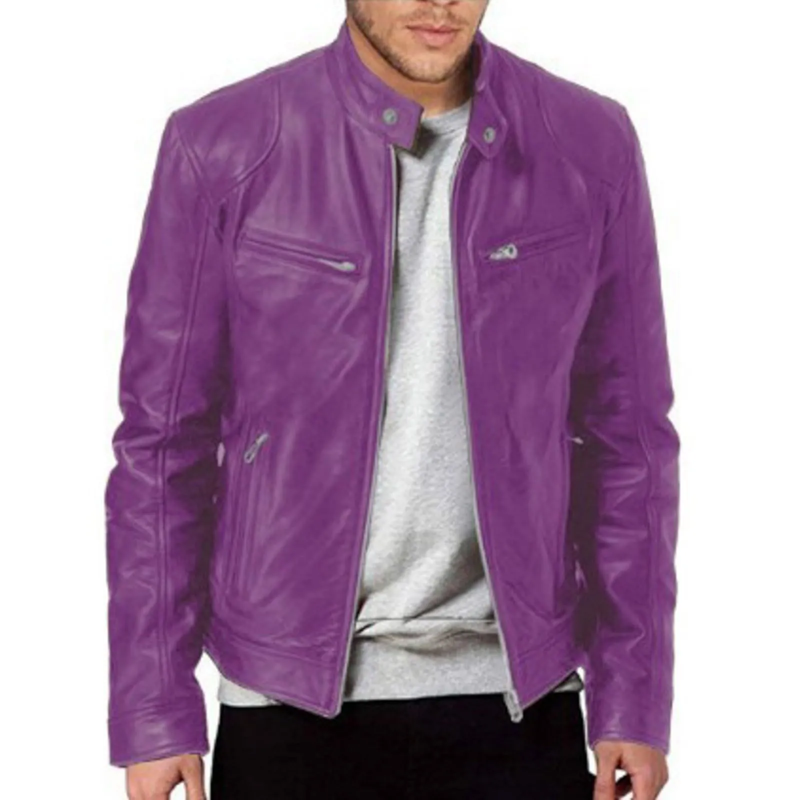 Giacca Bomber in Ecopelle Slim Fit per Uomo, Colletto Casual con Cerniera - immagine 4