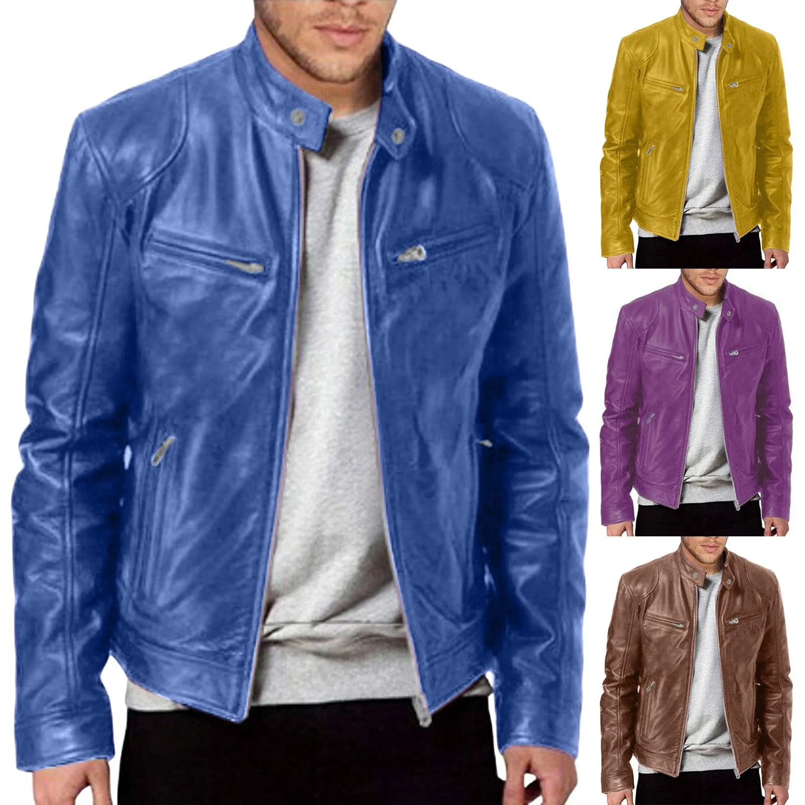 Giubbotto in Pelle Uomo Slim Fit Vintage Bomber Moto Faux Leather Jacket - immagine 2