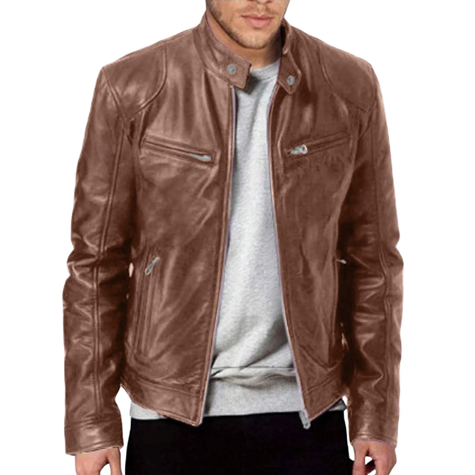 Generic Giubbotto in Finta Pelle da Moto per Uomo, Giacca Biker Casual in Cotone per Mezze Stagioni, Marrone - immagine 4