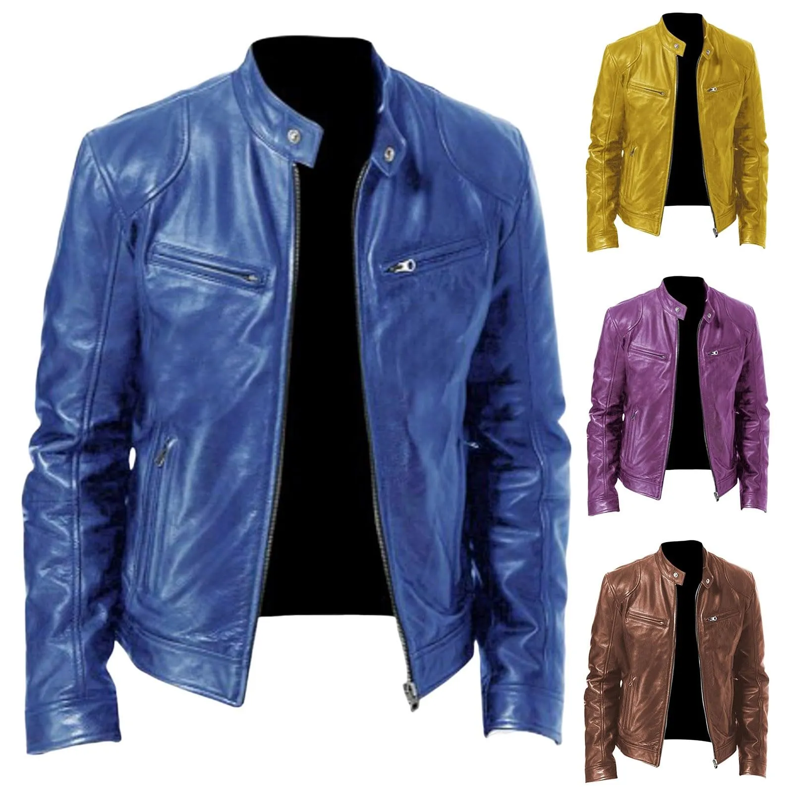 Giacca in Ecopelle da Uomo con Collo Alto e Chiusura Lampo, Stile Moto Pilota Matelassee - immagine 3