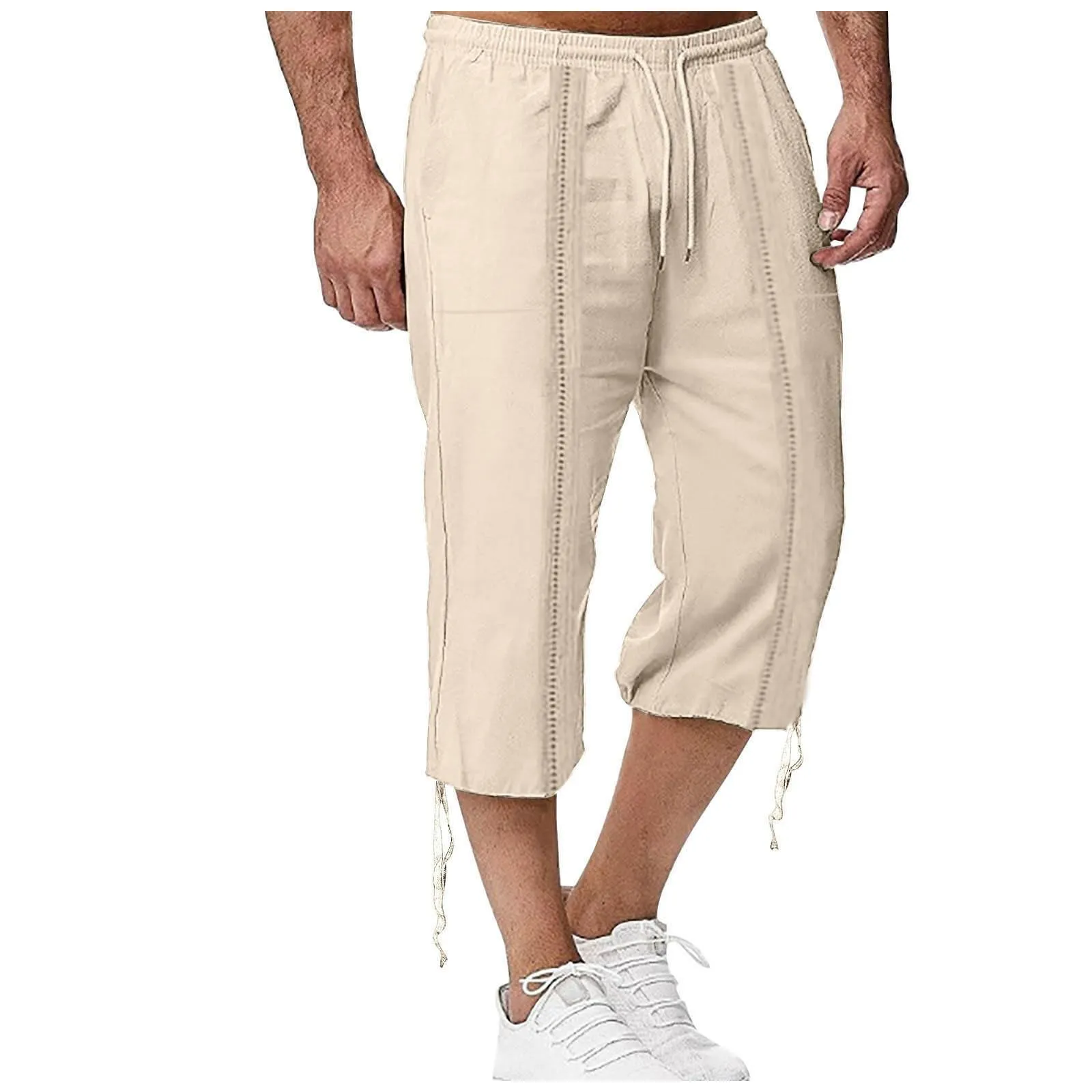 Generico Pantaloni Lino 3/4 Uomo Pinocchietto Estivi Leggeri Elasticizzati con Tasche e Vita Elastica - immagine 1