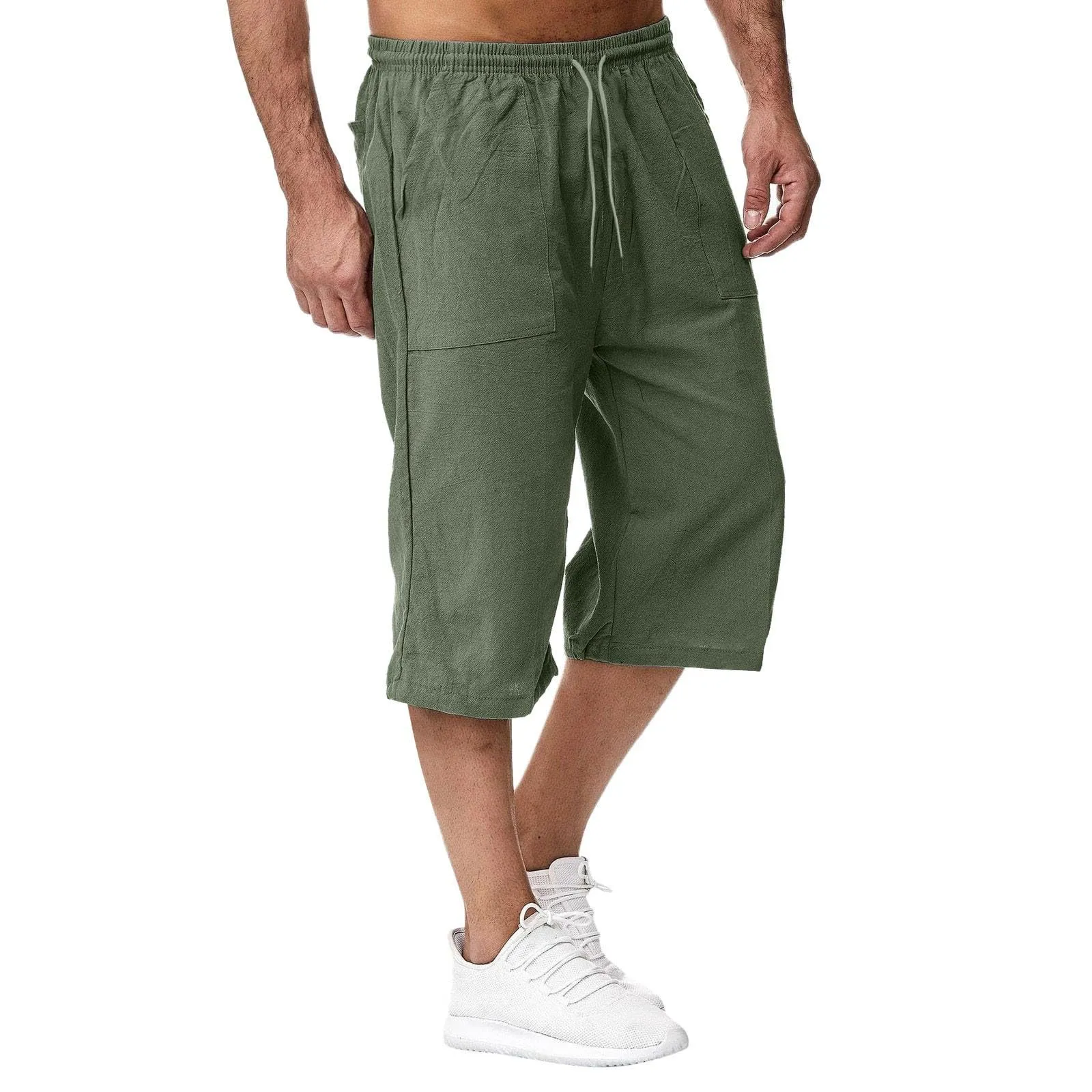 Generico Pantaloni Lino 3/4 Uomo Pinocchietto Estivi Leggeri Elasticizzati con Tasche e Vita Elastica - immagine 2