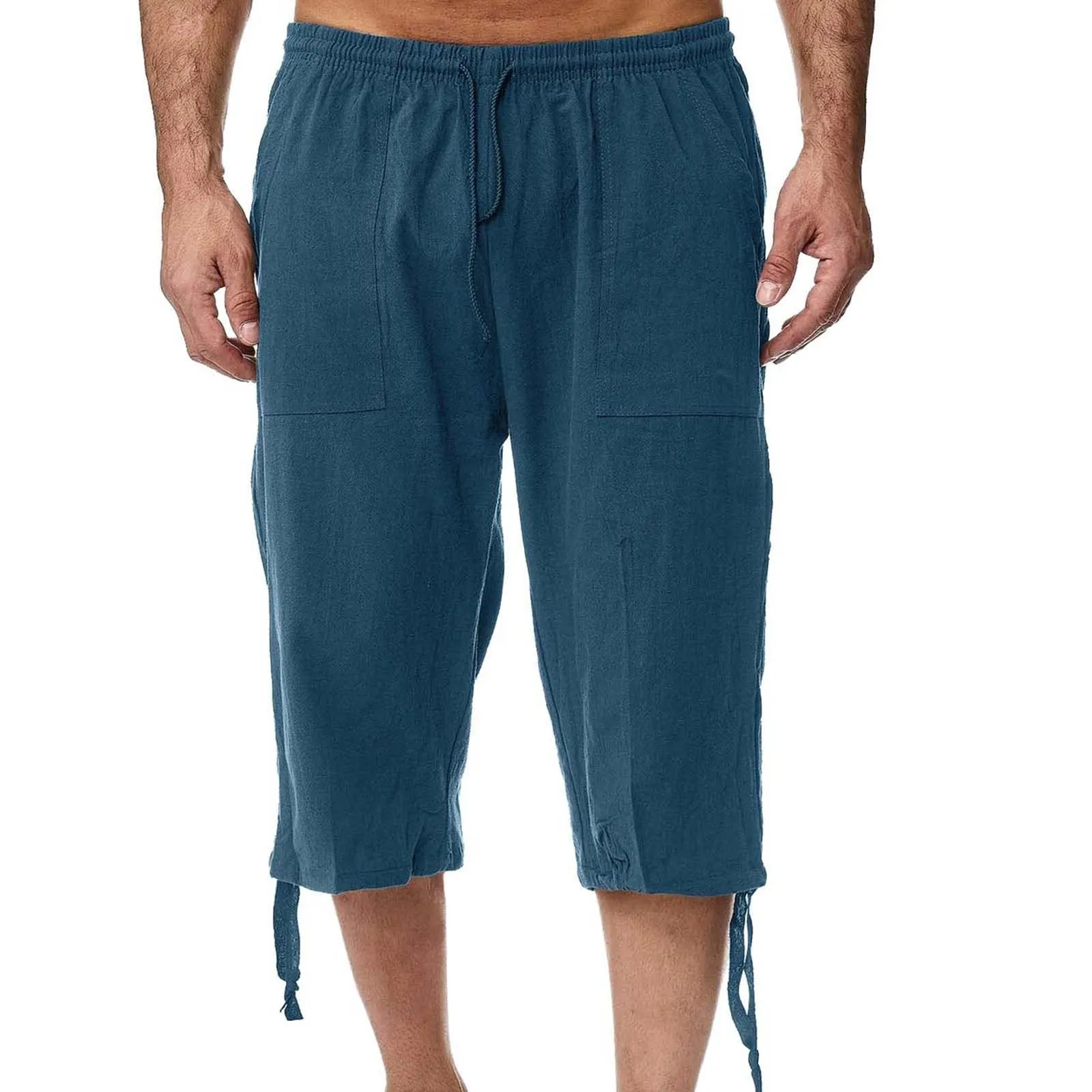 Generico Pantaloni Lino 3/4 Uomo Pinocchietto Estivi Elasticizzati con Tasche e Vita Elastica - immagine 1