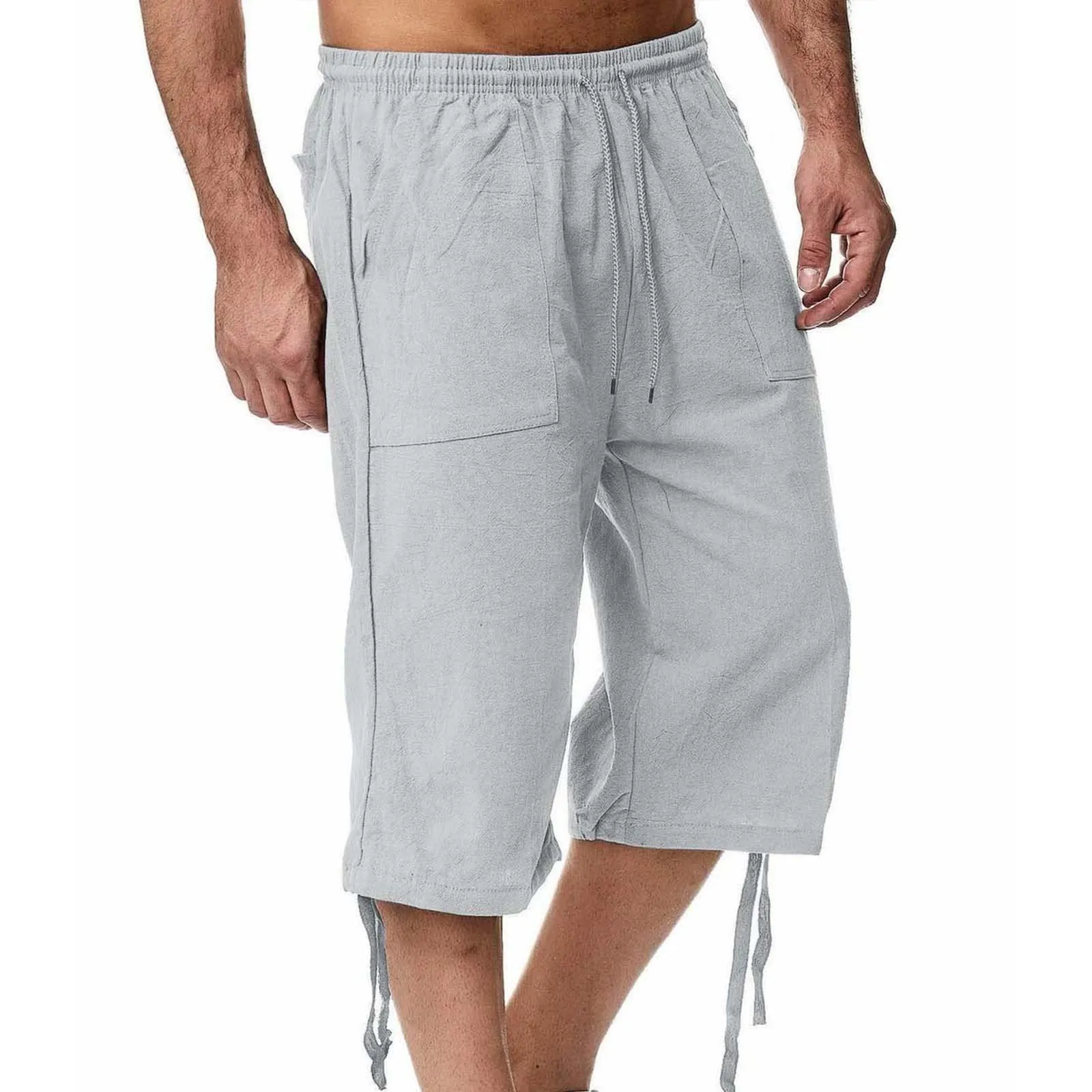 Generico Pantaloni Lino 3/4 Uomo Pinocchietto Estivi Leggeri Elasticizzati con Tasche e Vita Elastica - immagine 3