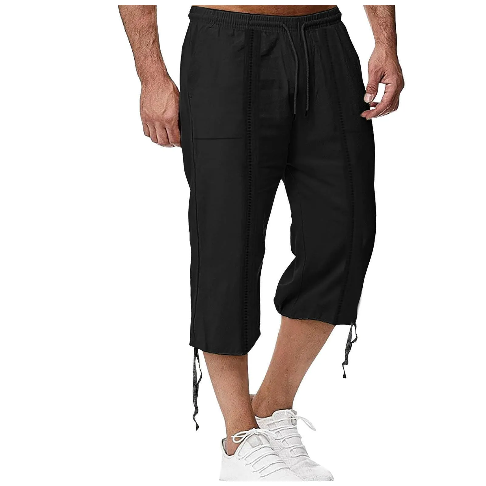 Generico Pantaloni Lino 3/4 Uomo Pinocchietto Estivi Leggeri Elasticizzati con Tasche e Vita Elastica - immagine 1