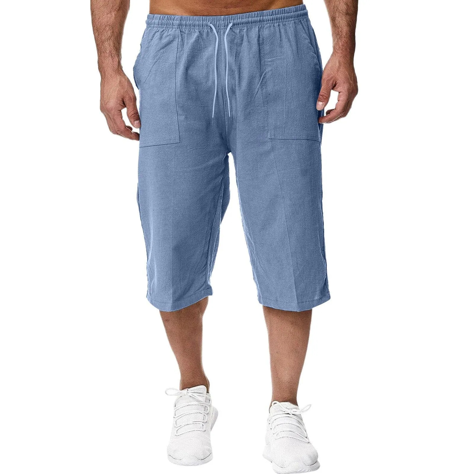 Generico Pantaloni Lino 3/4 Uomo Pinocchietto Estivi Leggeri Elasticizzati con Tasche e Vita Elastica - immagine 1