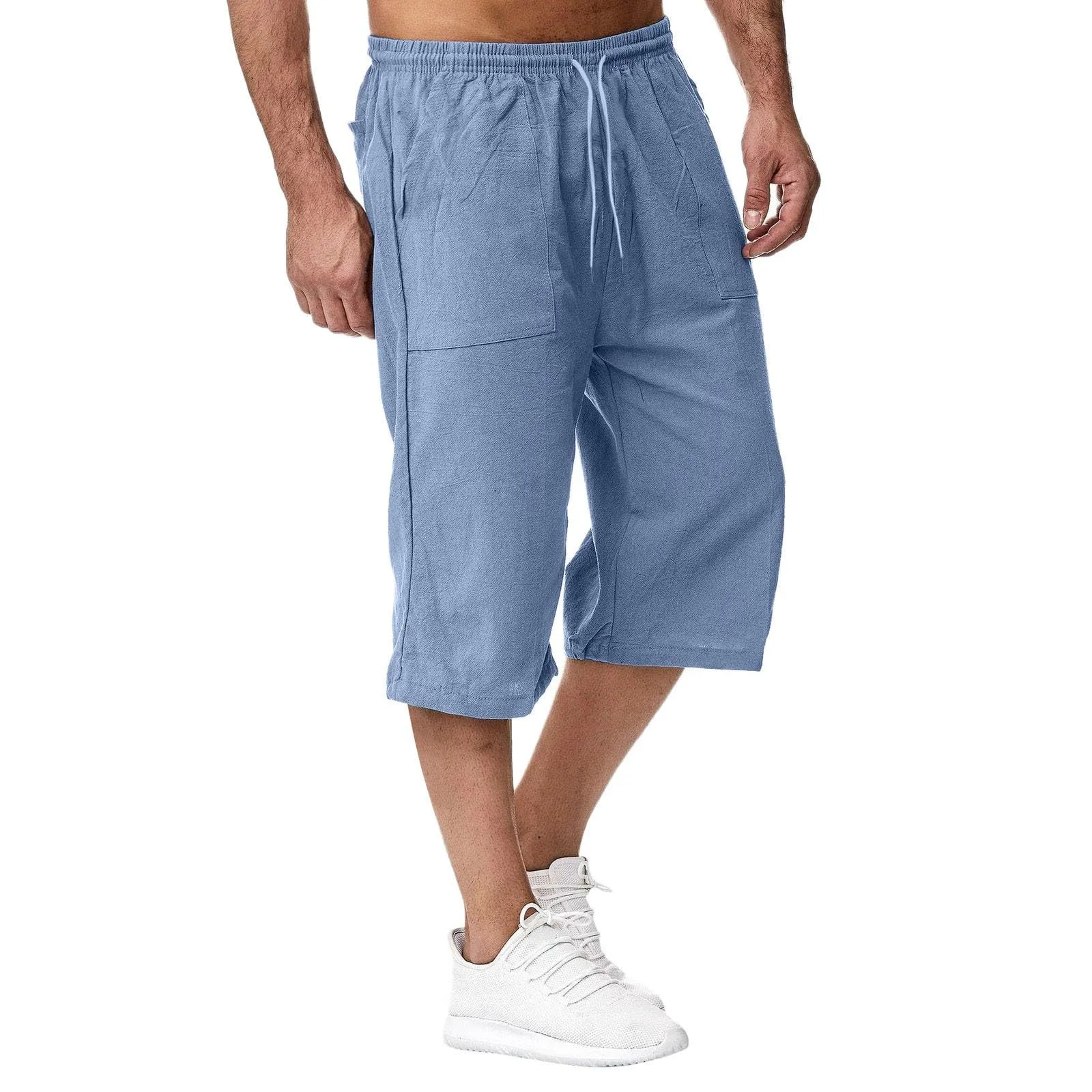 Generico Pantaloni Lino 3/4 Uomo Pinocchietto Estivi Leggeri Elasticizzati con Tasche e Vita Elastica - immagine 2
