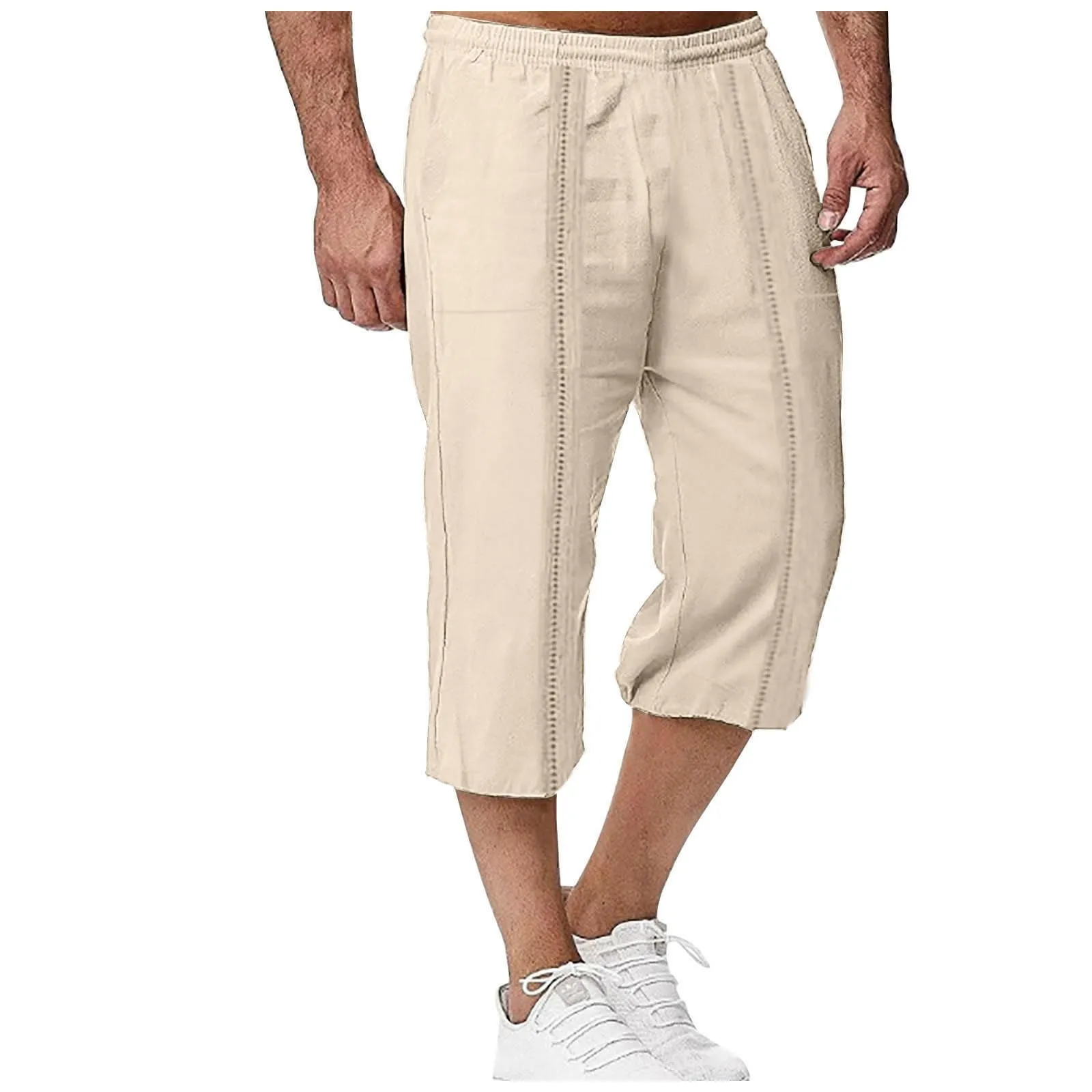 Generico Pantaloni Lino 3/4 Uomo Pinocchietto Estivi Leggeri Elasticizzati con Tasche e Vita Elastica - immagine 4