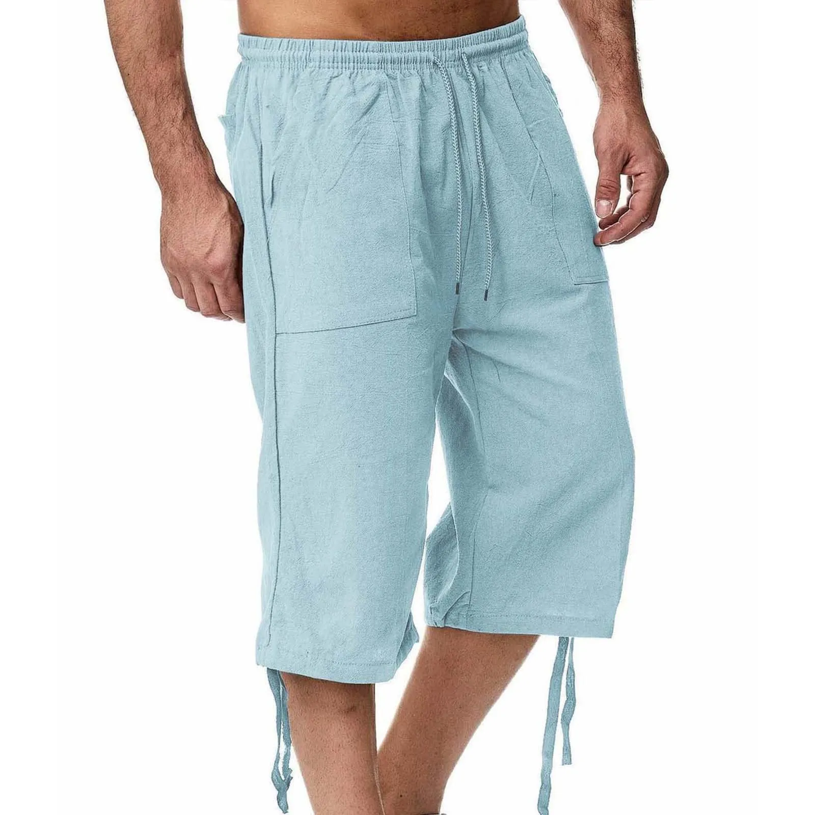 Generico Pantaloni Lino 3/4 Uomo Pinocchietto Estivi Leggeri Elasticizzati con Tasche e Vita Elastica - immagine 2
