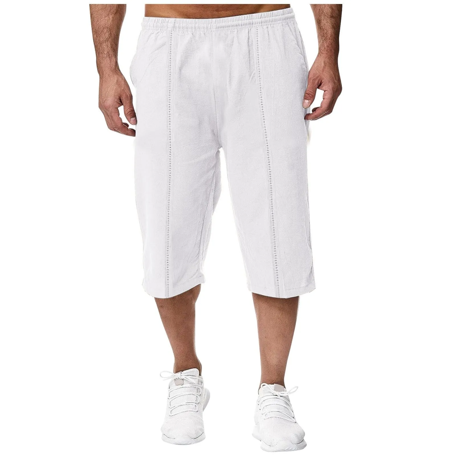Generico Pantaloni Lino 3/4 Uomo Pinocchietto Estivi Leggeri Elasticizzati con Tasche Laterali e Vita Elastica - immagine 1