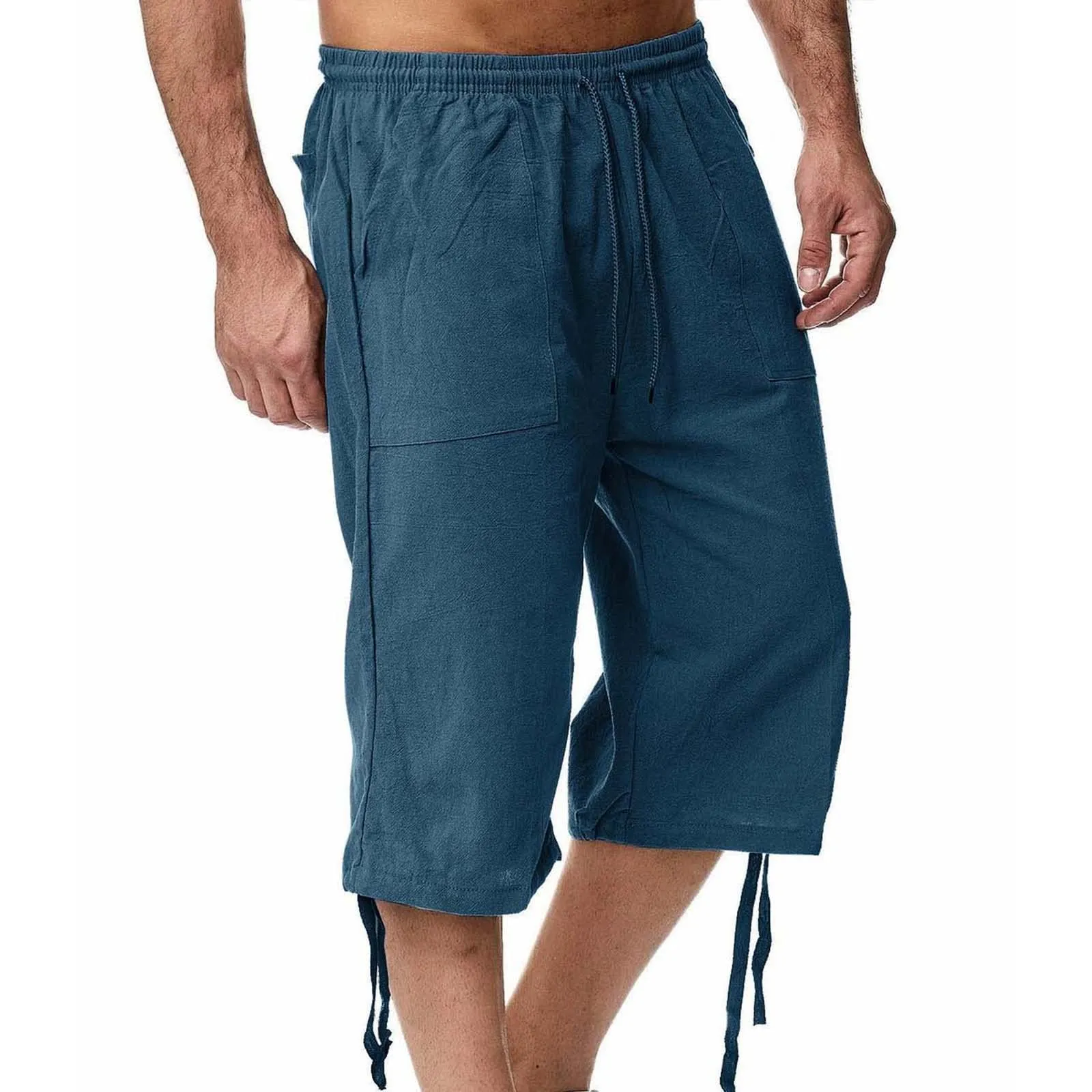 Generico Pantaloni Lino 3/4 Uomo Pinocchietto Estivi Leggeri Elasticizzati con Tasche e Vita Elastica - immagine 2