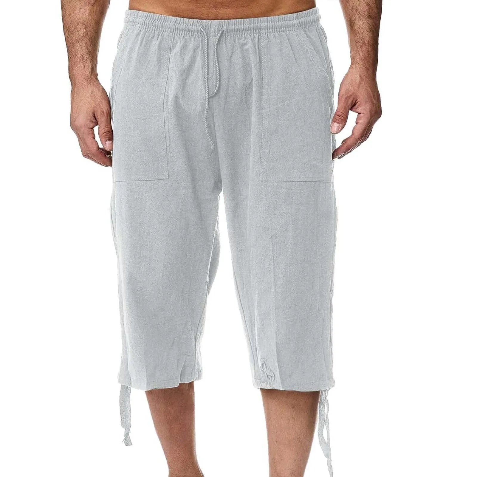 Generico Pantaloni Lino 3/4 Uomo Pinocchietto Estivi Leggeri Elasticizzati con Tasche e Vita Elastica - immagine 1