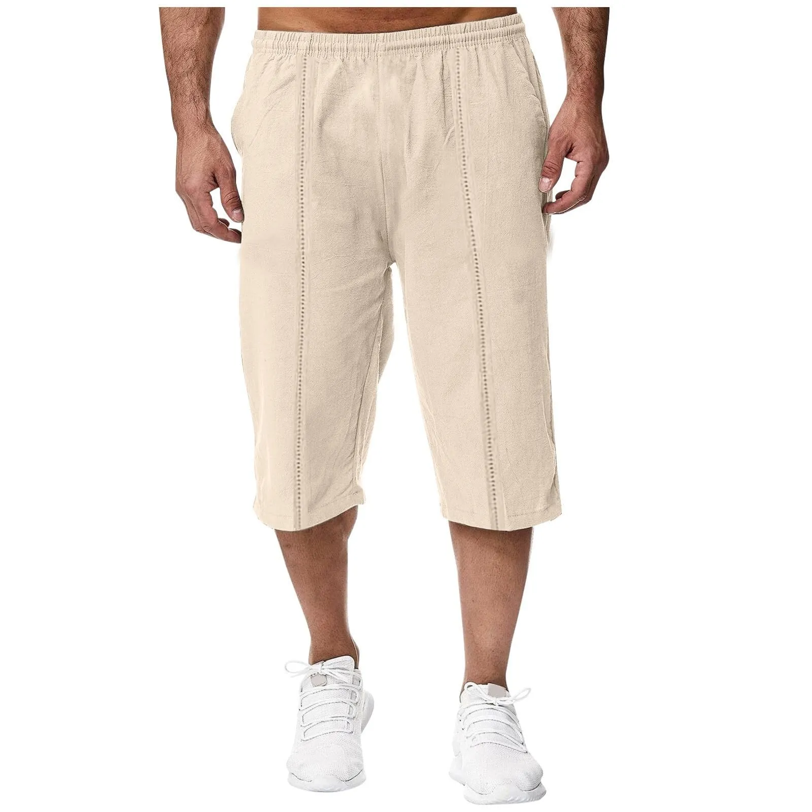 Generico Pantaloni Lino 3/4 Uomo Pinocchietto Estivi Elasticizzati con Tasche e Vita Elastica - immagine 1