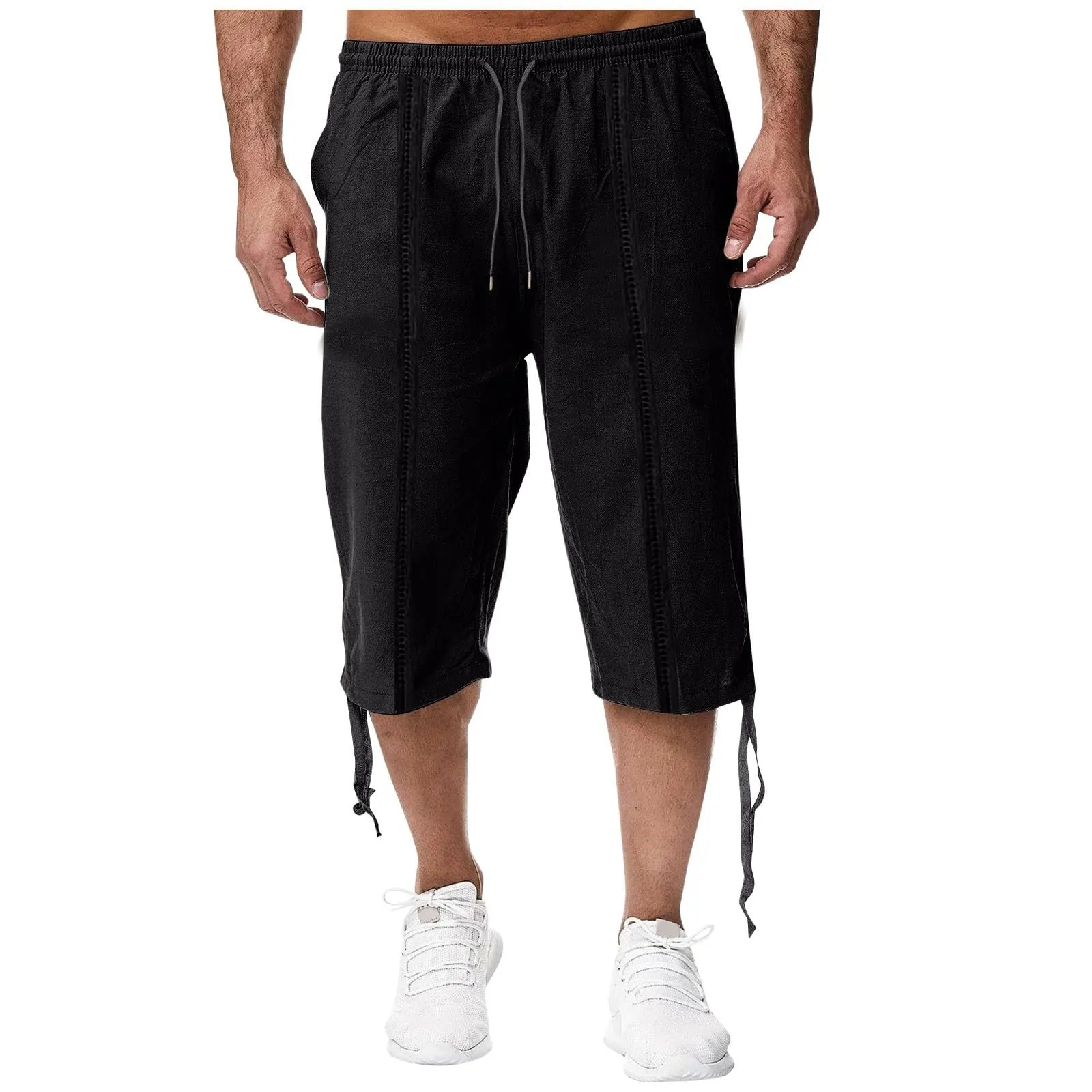 Generico Pantaloni Lino 3/4 Uomo Pinocchietto Estivi Leggeri Elasticizzati con Tasche e Vita Elastica - immagine 2