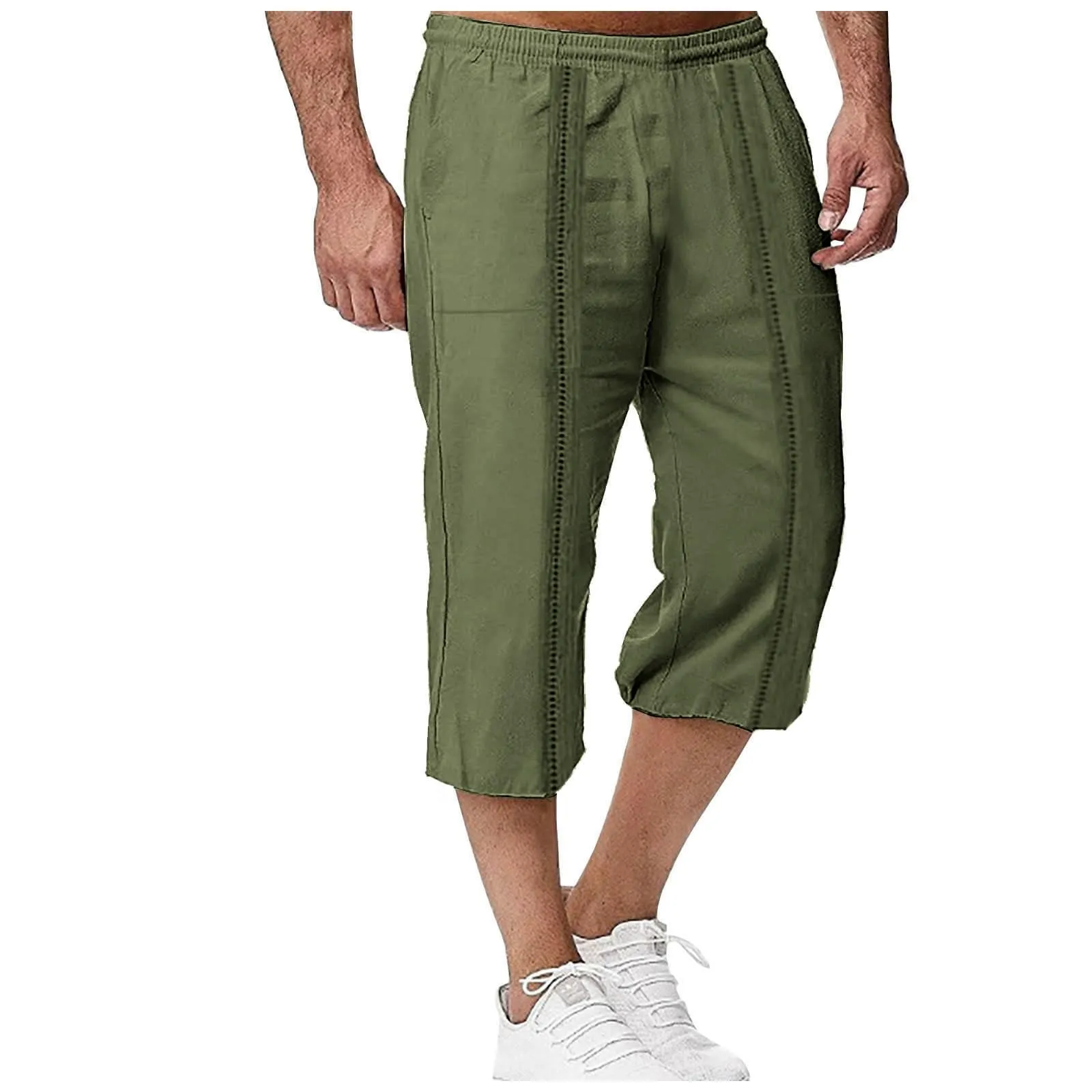 Generico Pantaloni in Lino 3/4 Uomo, Pinocchietto Estivo Leggero Elasticizzato con Tasche e Vita Elastica, Casual Sportivo - immagine 4