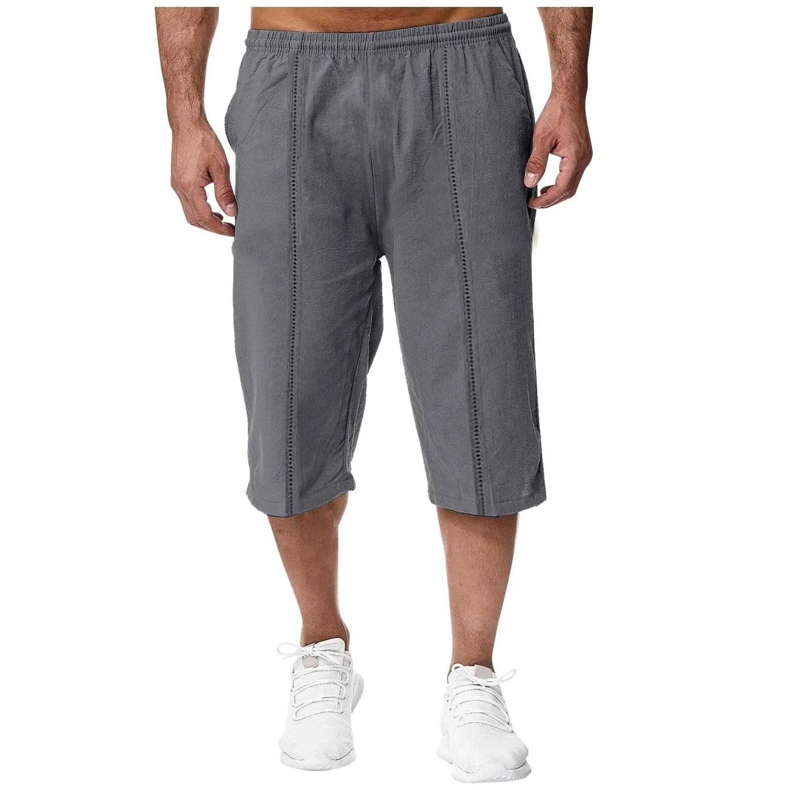 Generico Pantaloni Lino 3/4 Uomo Pinocchietto Estivi Leggeri Elasticizzati con Tasche e Vita Elastica - immagine 1
