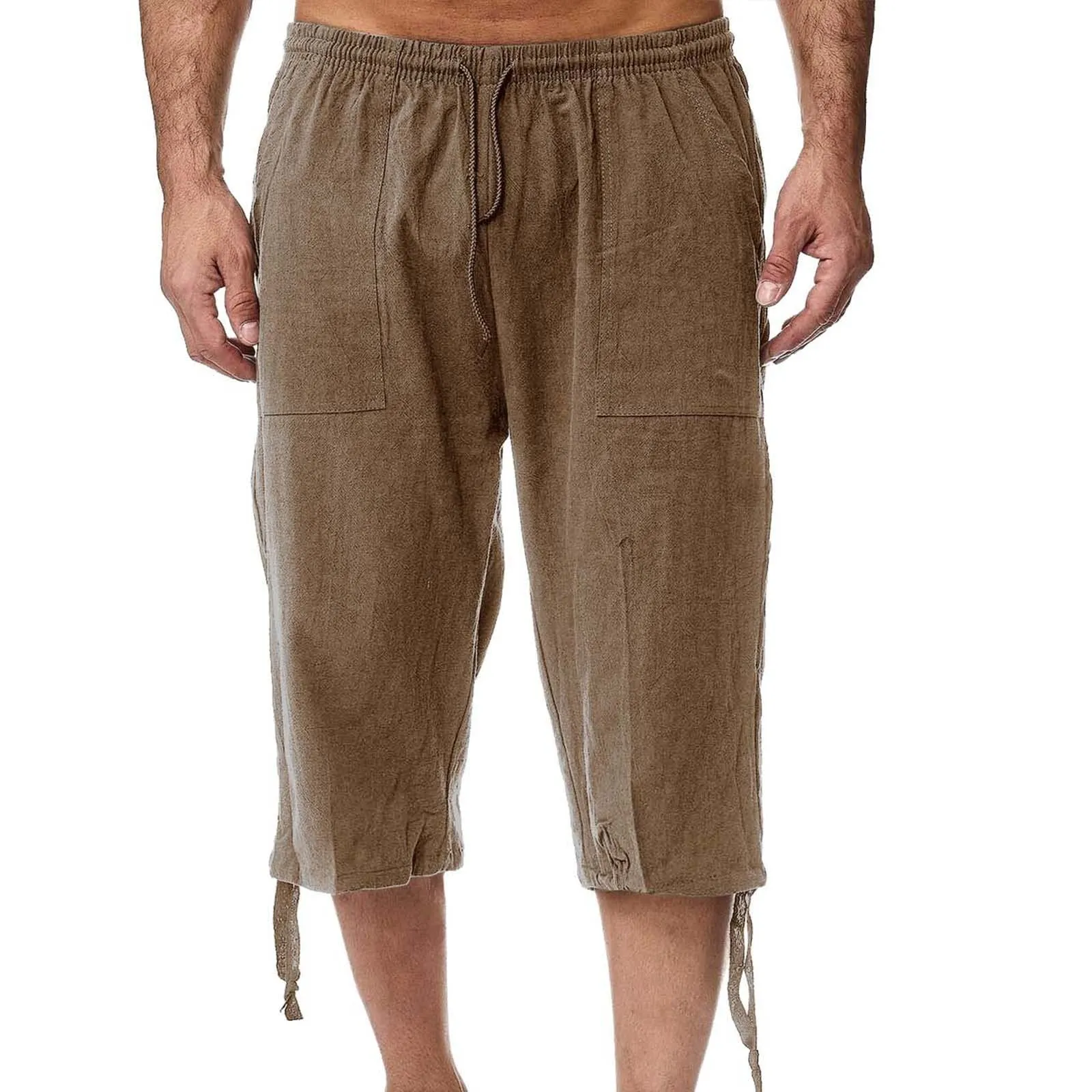 Generico Pantaloni Lino 3/4 Uomo Pinocchietto Estivi Leggeri Elasticizzati con Tasche e Vita Elastica - immagine 1