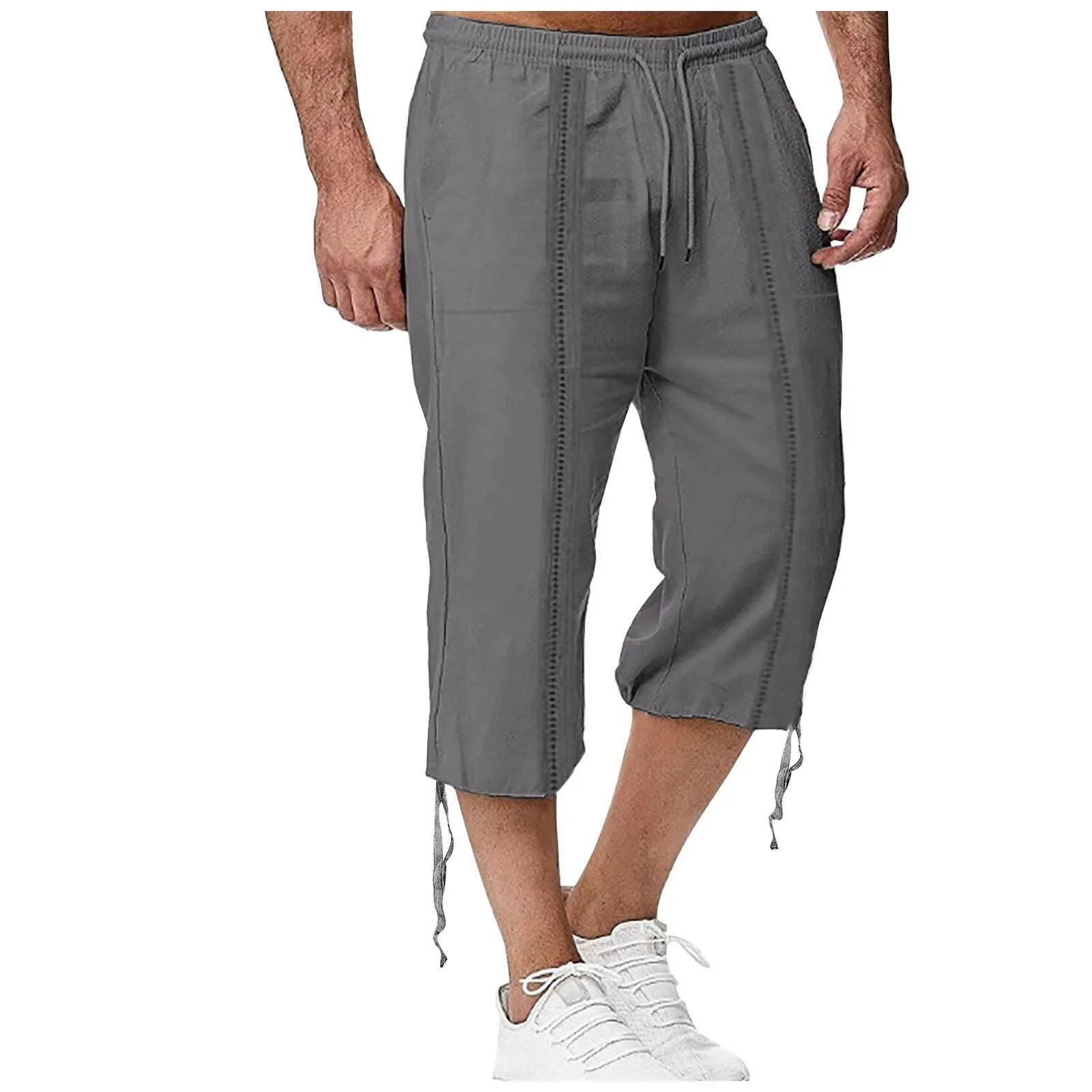 Generico Pantaloni Lino 3/4 Uomo Pinocchietto Estivi Leggeri Elasticizzati con Tasche e Vita Elastica - immagine 1