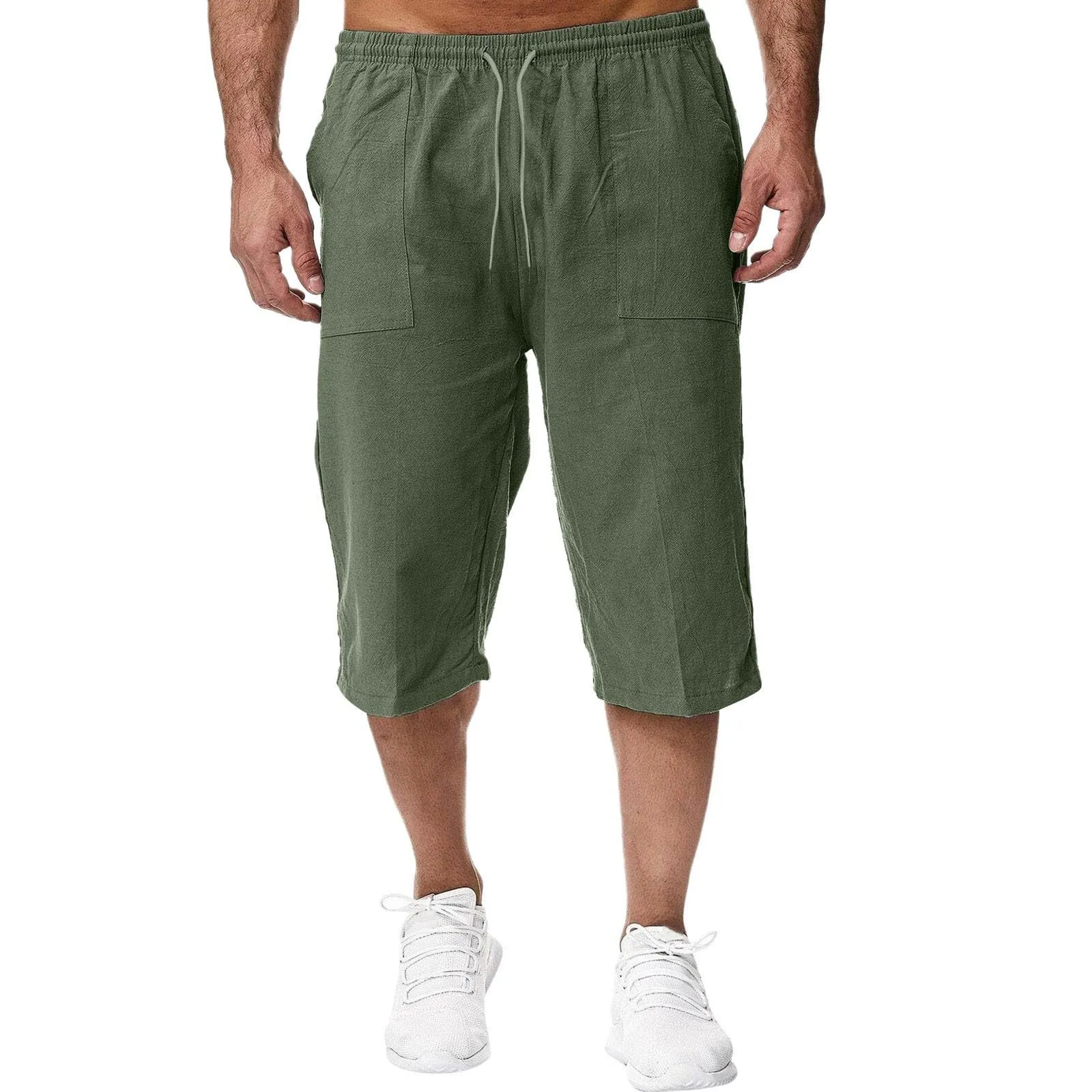 Generico Pantaloni Lino 3/4 Uomo Pinocchietto Estivi Leggeri Elasticizzati con Tasche e Vita Elastica - immagine 1