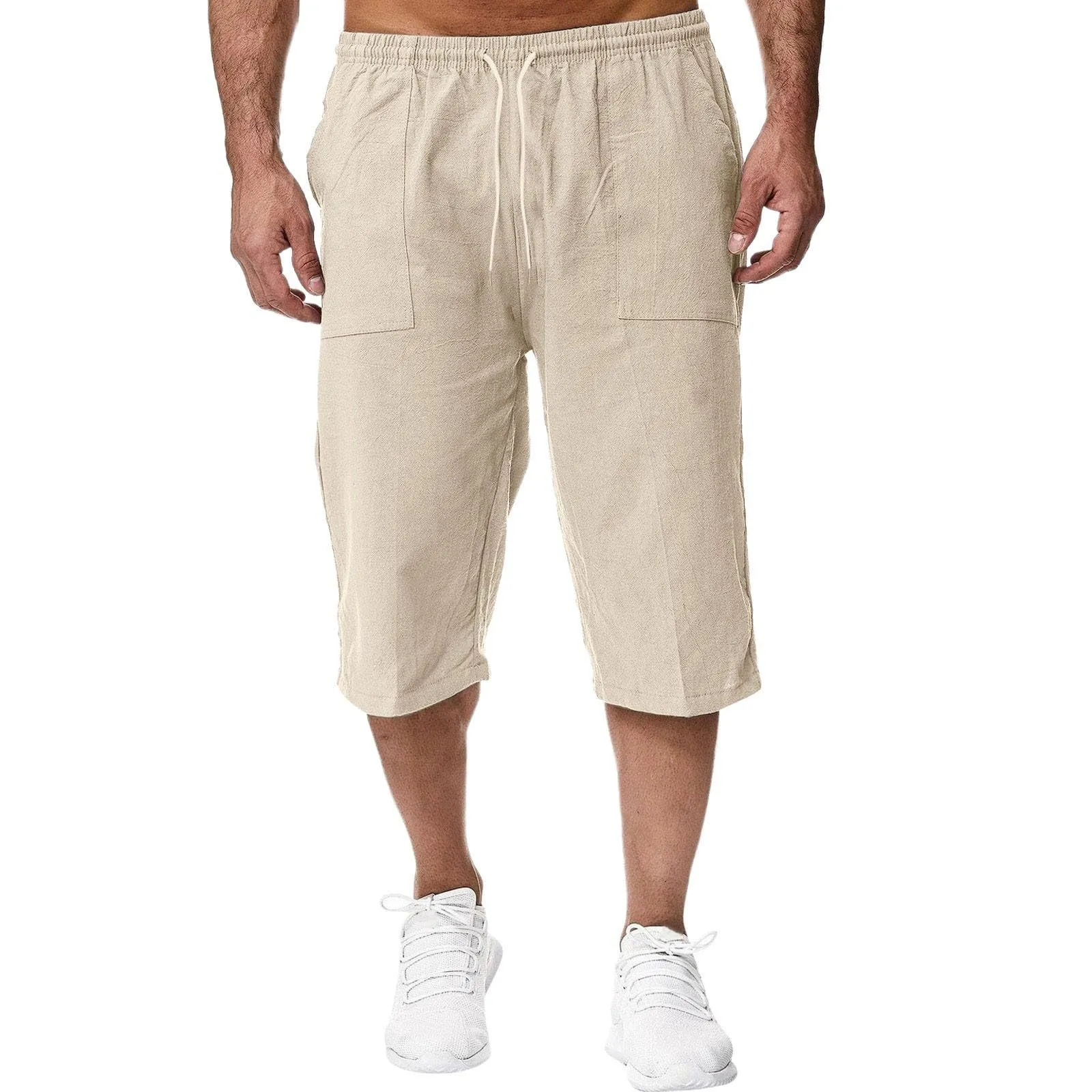 Generico Pantaloni Lino 3/4 Uomo Pinocchietto Estivi Leggeri Elasticizzati con Tasche e Vita Elastica - immagine 1