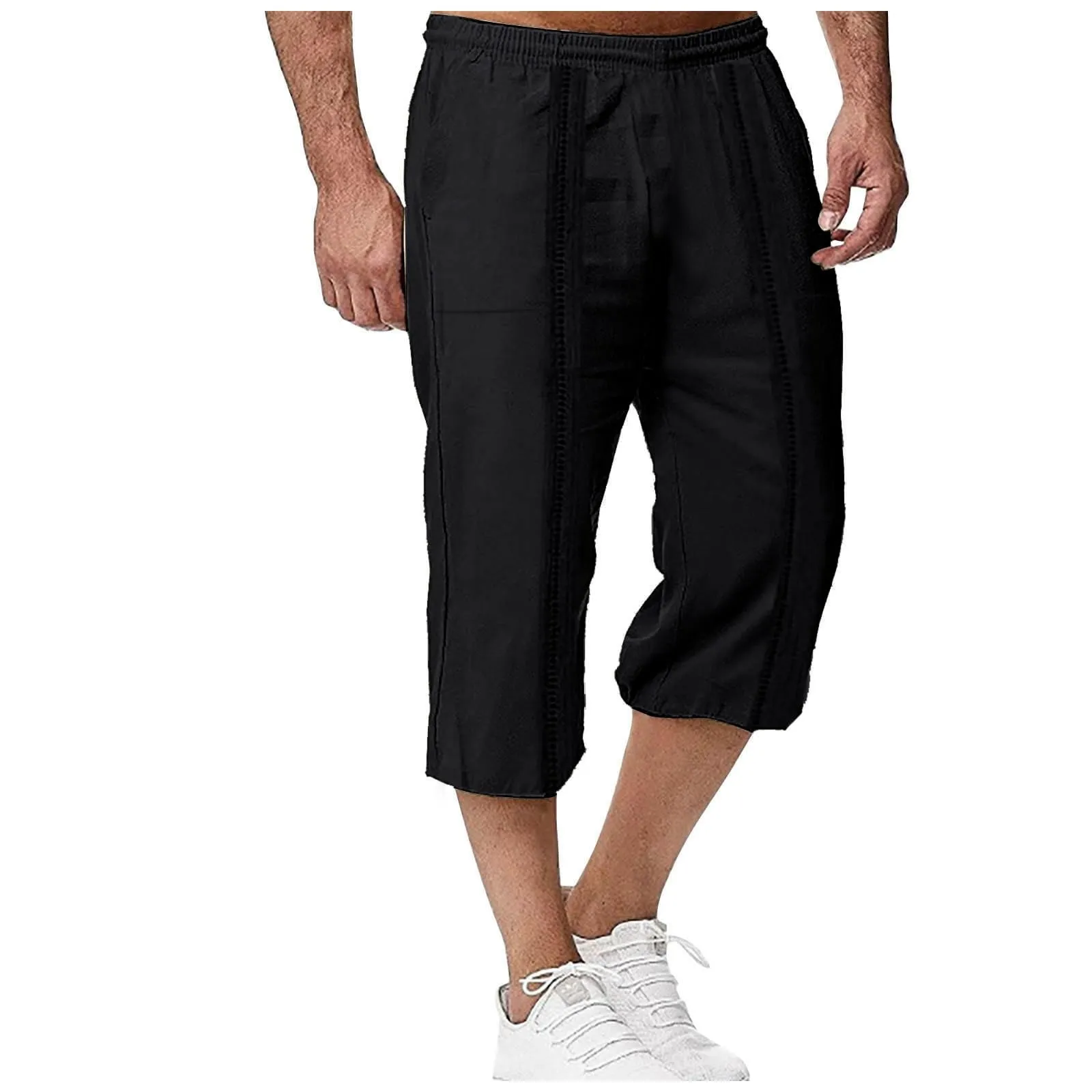 Generico Pantaloni Lino 3/4 Uomo Pinocchietto Estivi Leggeri Elasticizzati con Tasche e Vita Elastica - immagine 2