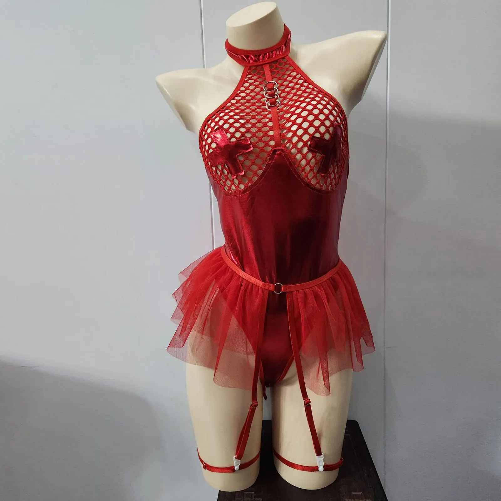 Generico Vestito Mini in Pelle Latex Wetlook Bodycon con Scollo a V Profondo - immagine 3