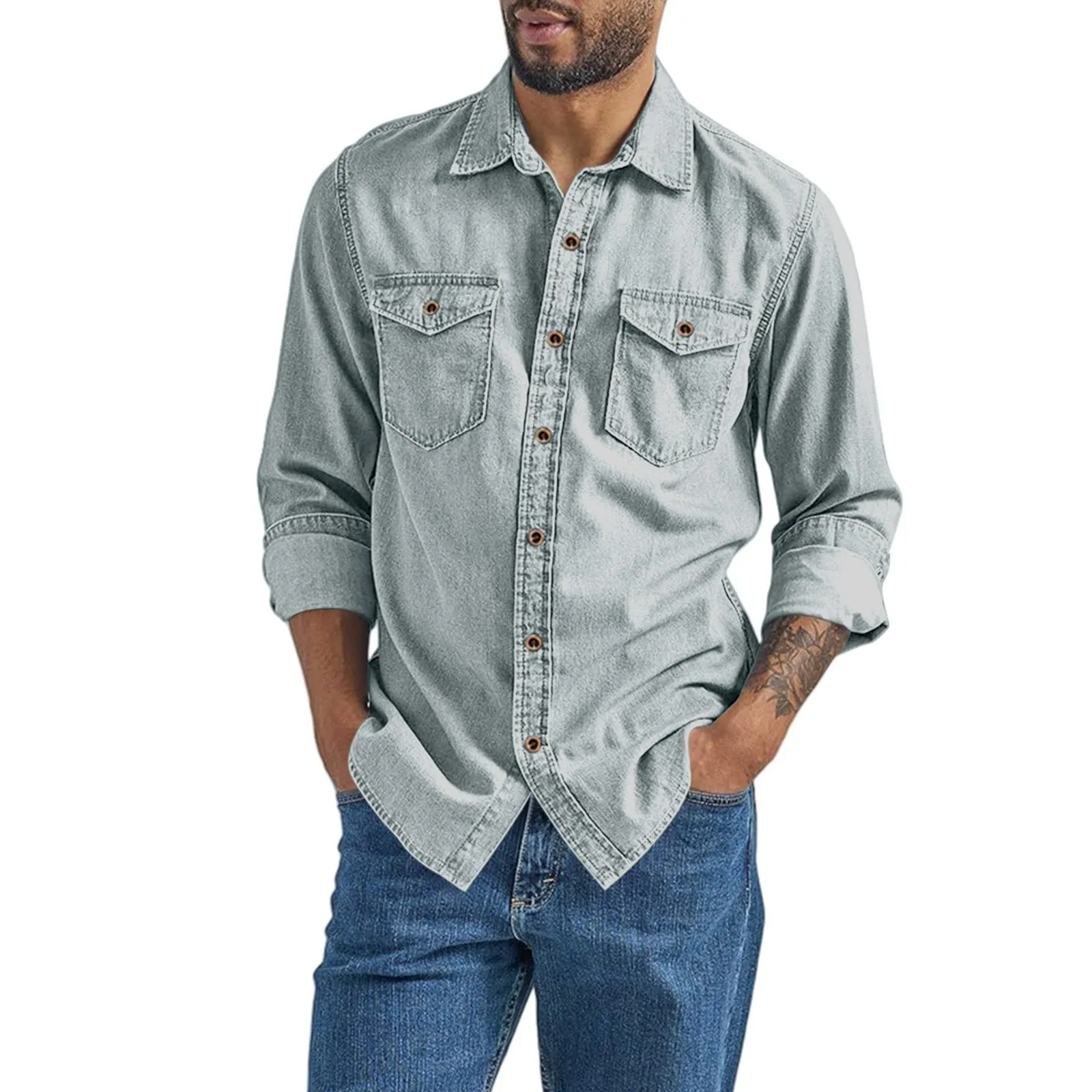 VEMOW Camicia di Jeans a Maniche Lunghe Uomo, Fit Classico, Grey, S - immagine 1