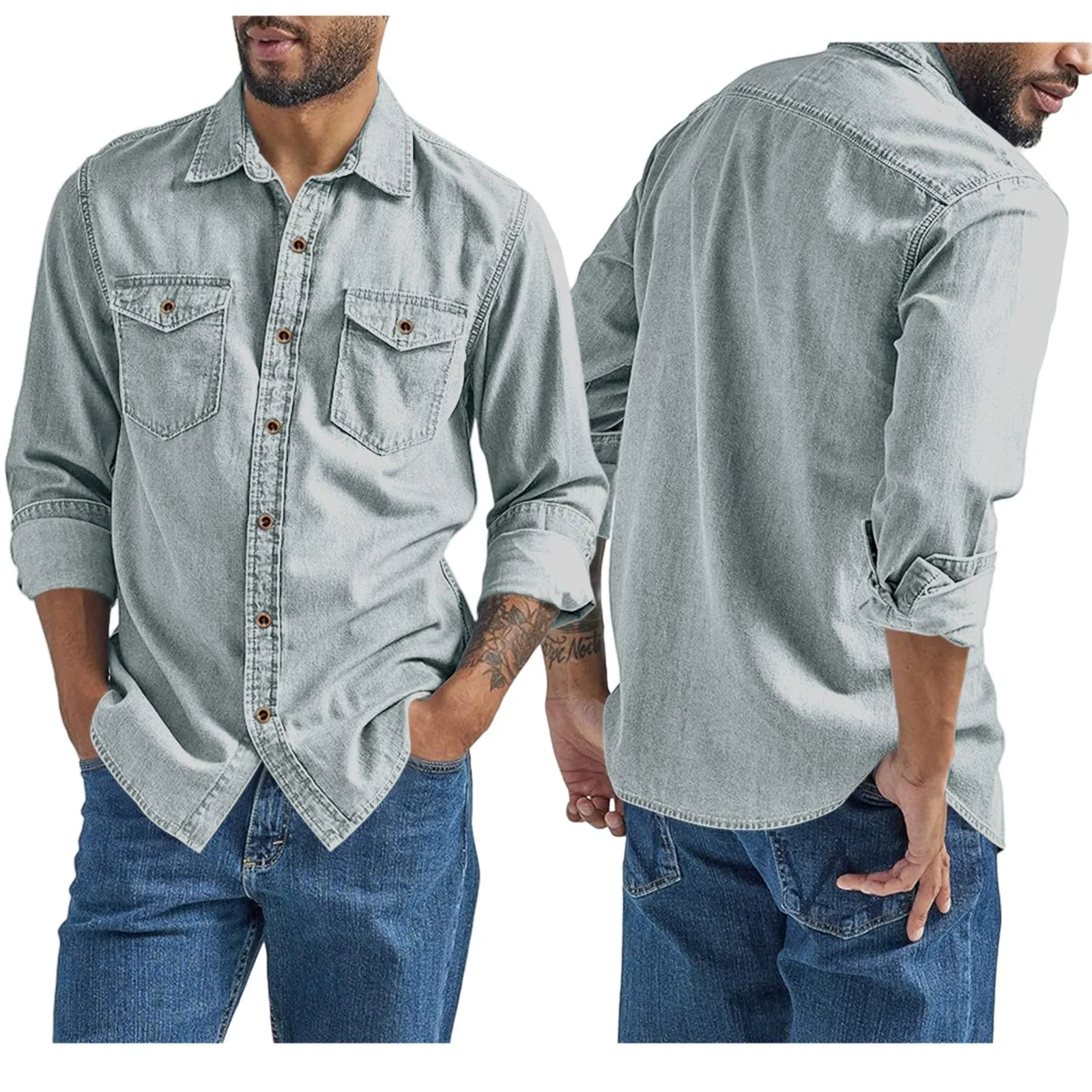 VEMOW Camicia di Jeans a Maniche Lunghe Uomo, Fit Classico, Grey, M - immagine 2