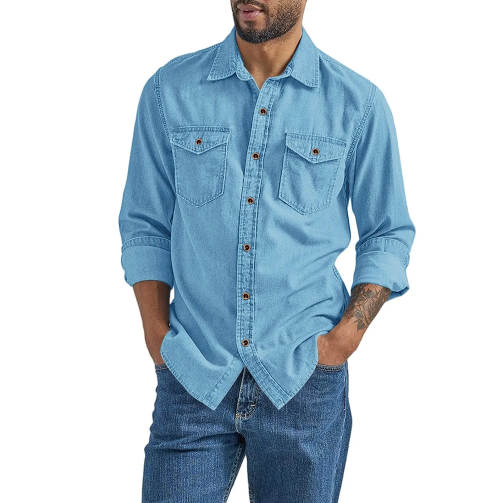 VEMOW Camicia di Jeans a Bottoni Uomo a Maniche Lunghe, Fit Classico, Blue, XL - immagine 1
