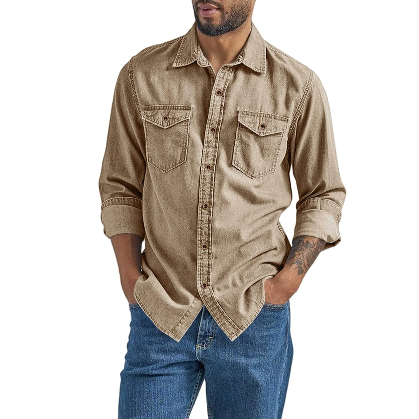 VEMOW Camicia di Jeans a Maniche Lunghe Uomo, Fit Classico, Khaki, L - immagine 1