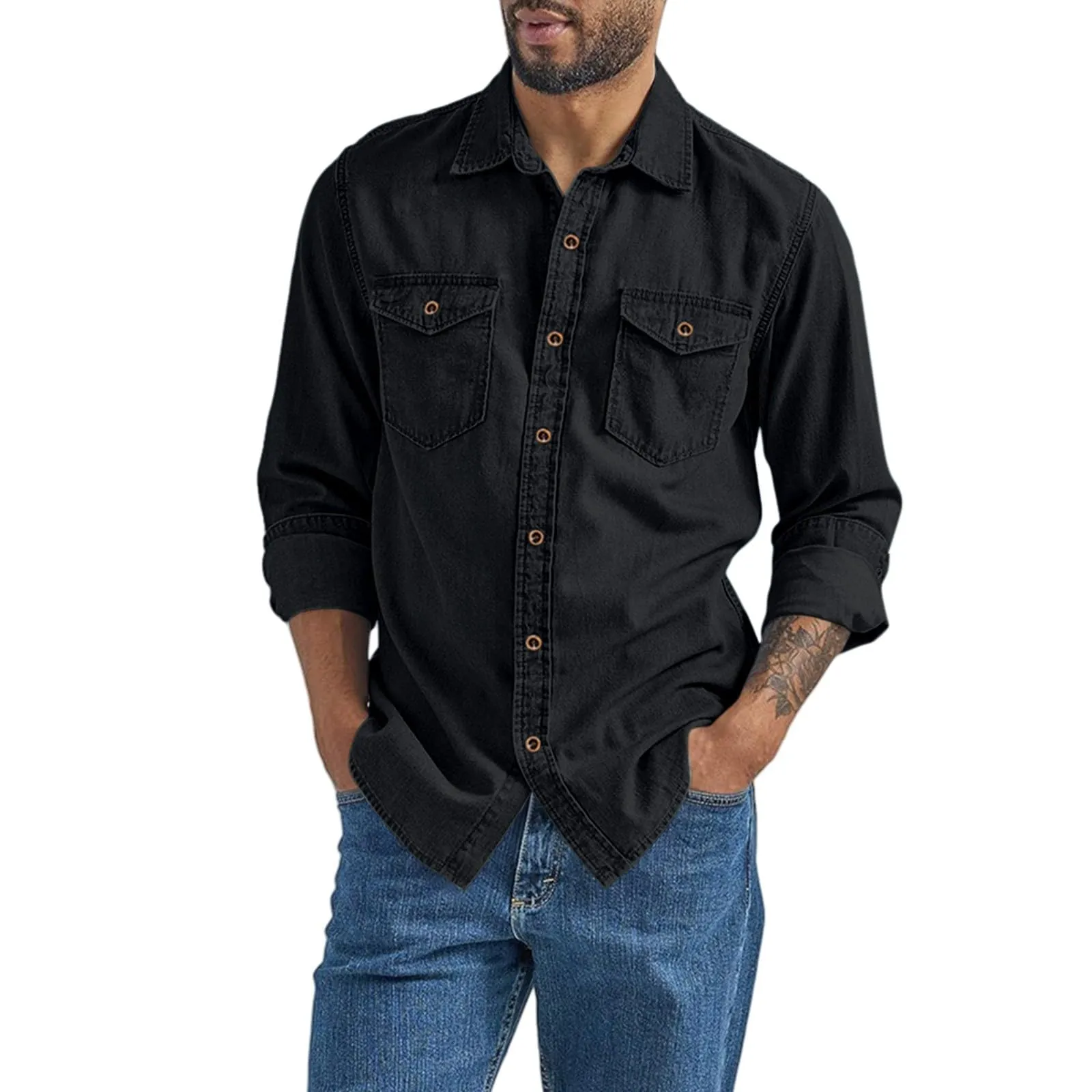 VEMOW Camicia di Jeans a Maniche Lunghe Uomo, Fit Classico, Nero, S - immagine 1