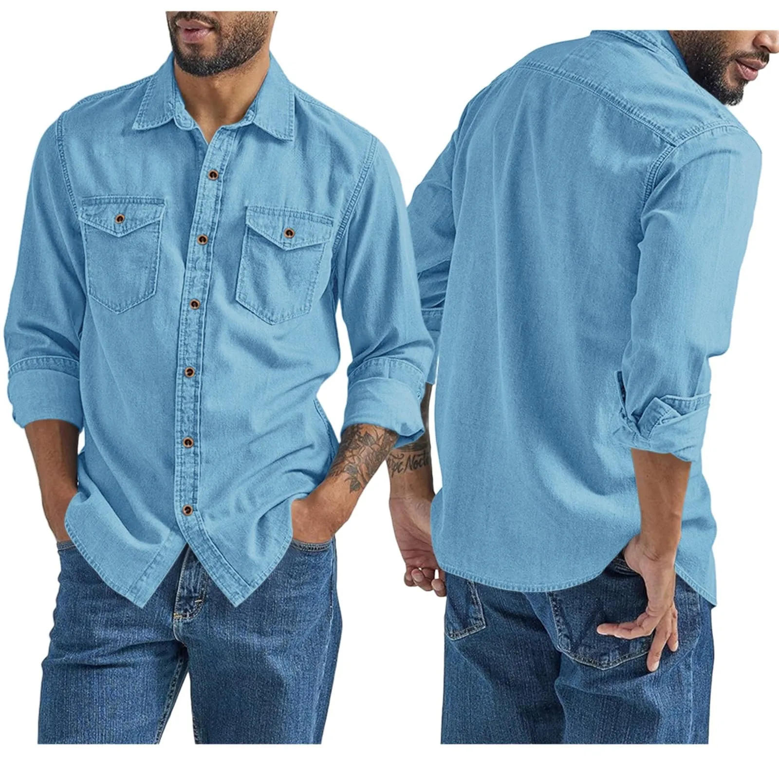 VEMOW Camicia di Jeans a Maniche Lunghe Uomo, Fit Classico, Blu, 3XL - immagine 2