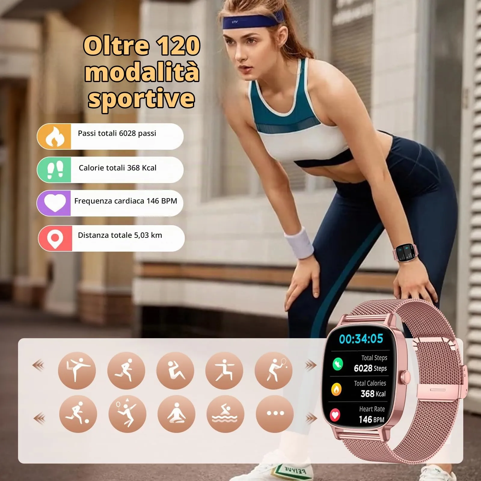 coioc Smartwatch Donna P122, Schermo HD 1.85", Chiamate Bluetooth, Fitness Tracker Frequenza Cardiaca, Sonno, SpO2, 120+ Modalità Sportive, IP68, 2 Cinturini, Compatibile iOS/Android - immagine 3