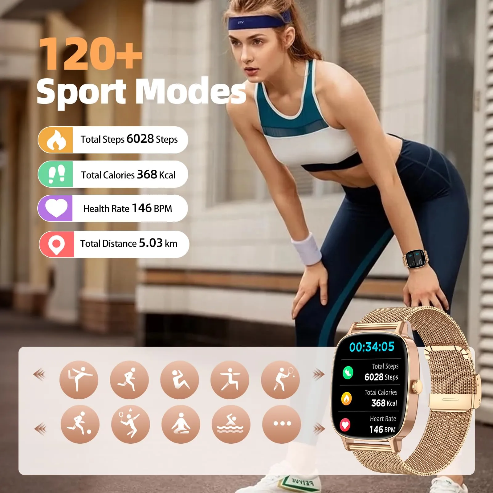 coioc P122 Smartwatch Donna, Schermo HD 1.85'', Chiamate Bluetooth, Fitness Tracker Frequenza Cardiaca, Sonno, SpO2, 120+ Modalità Sportive, IP68, 2 Cinturini, Dorato - immagine 4