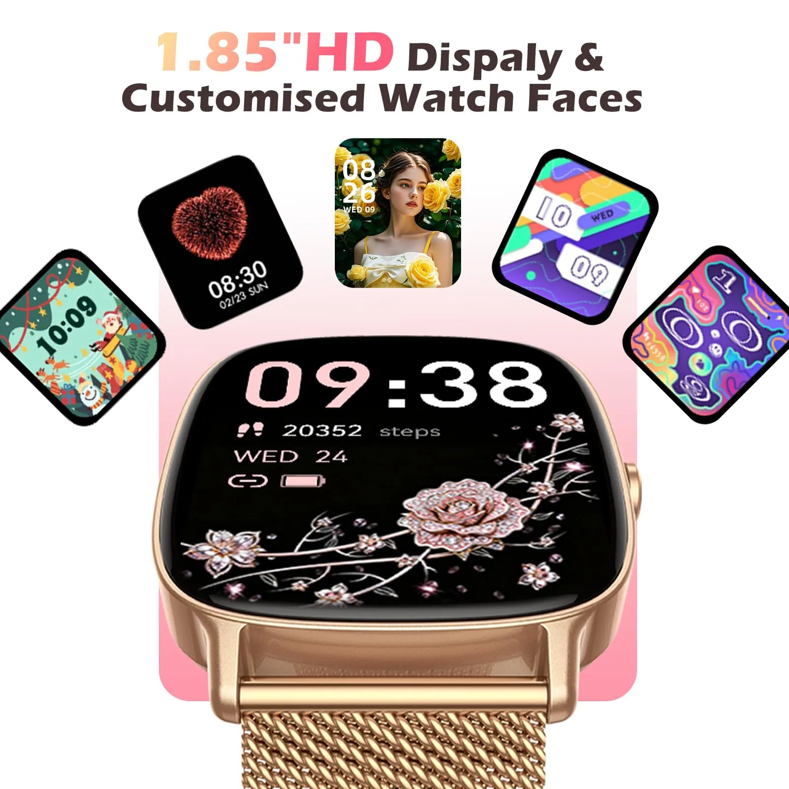 coioc P122 Smartwatch Donna, Schermo HD 1.85'', Chiamate Bluetooth, Fitness Tracker Frequenza Cardiaca, Sonno, SpO2, 120+ Modalità Sportive, IP68, 2 Cinturini, Dorato - immagine 6